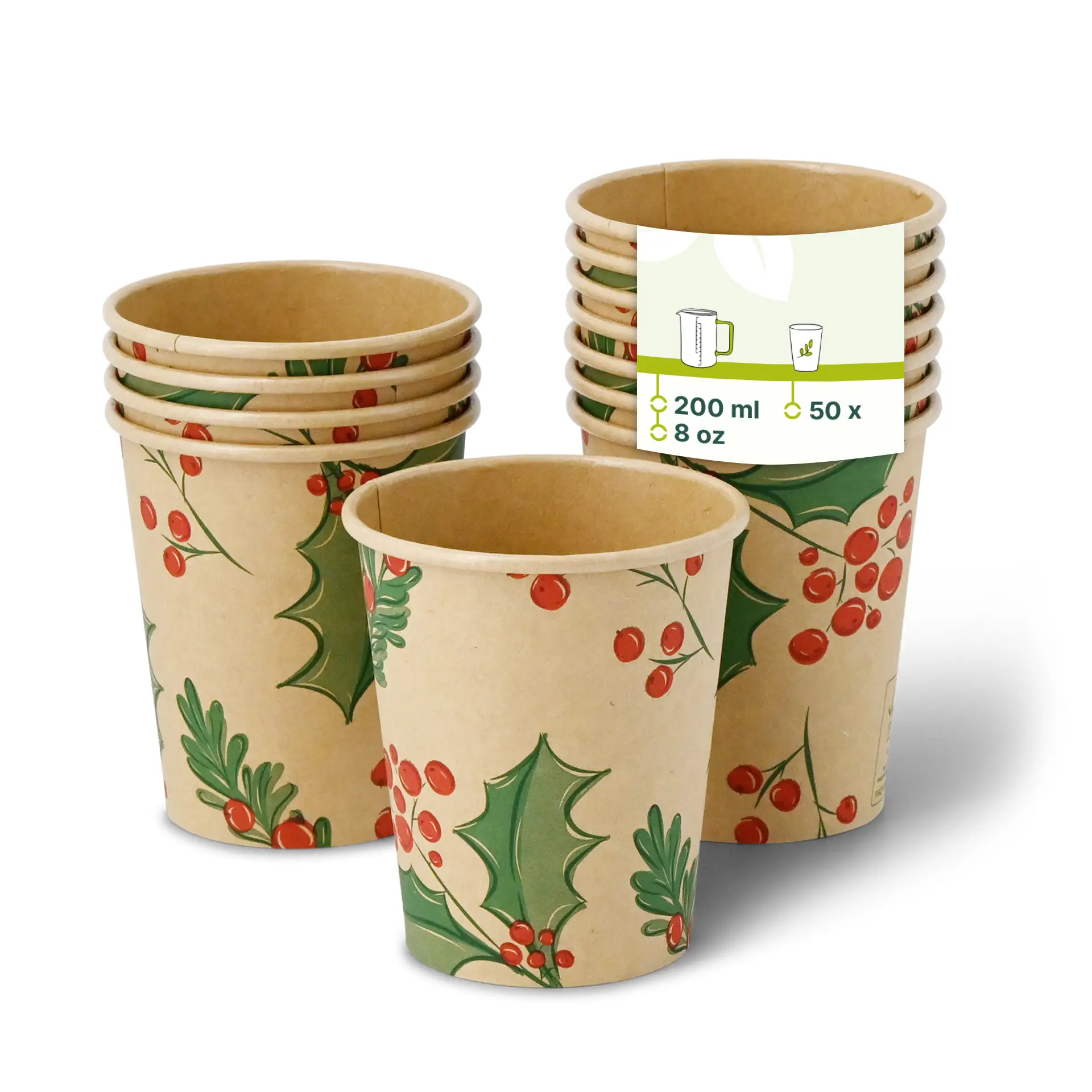 Empilement de huit gobelets en papier non blanchis avec un design d'hiver présentant du houx et des baies, chacun de 200 ml.