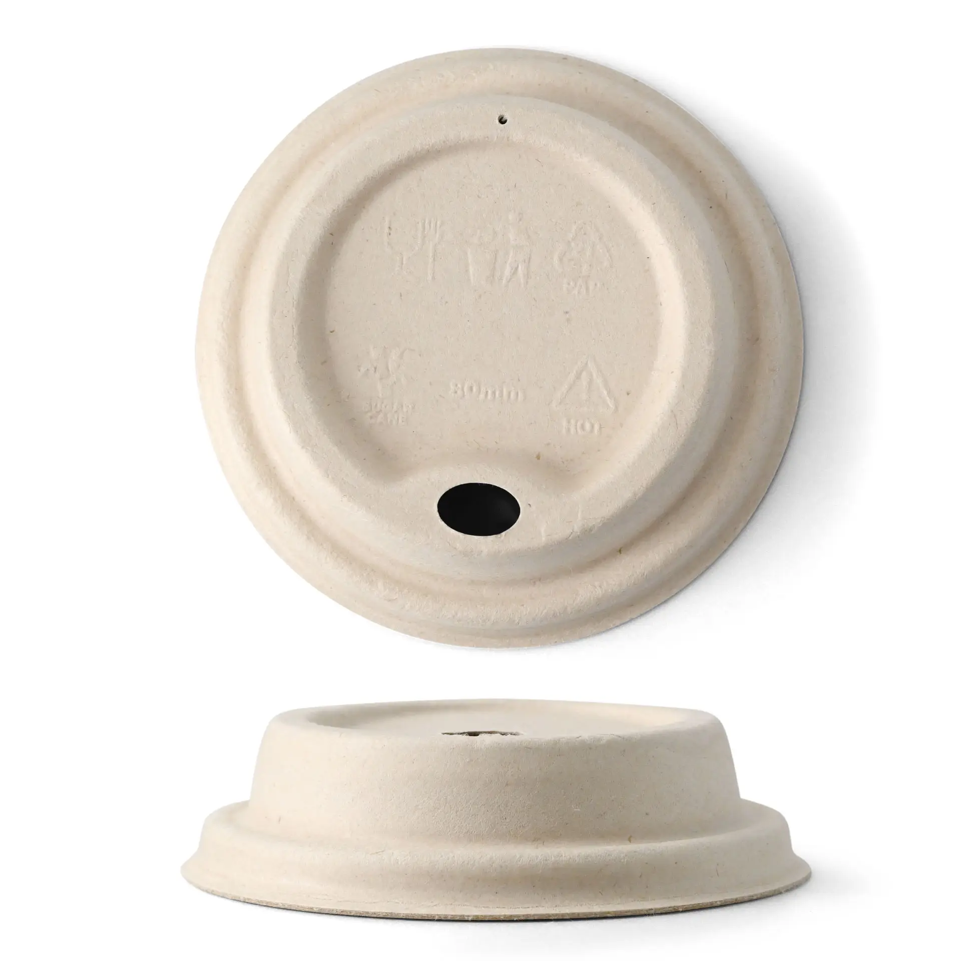Brauner Zuckerrrohrdeckel für Becher, Ø 80 mm, mit Trinköffnung und Bodenablaufloch.