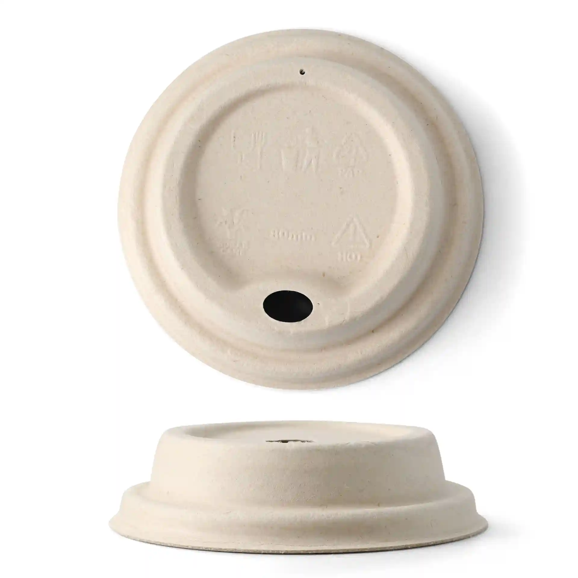Brauner Zuckerrübendeckel für Becher, 80 mm Durchmesser, mit Loch und einer Höhe von 22 mm.