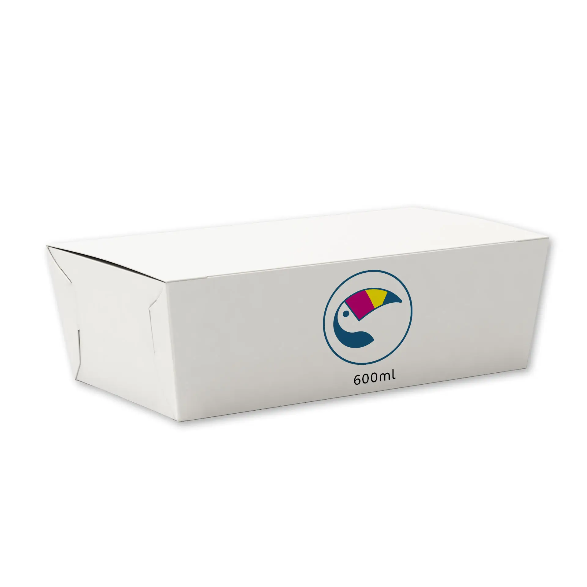 Individueller Snackbox mit 600 ml Volumen, weiß mit Logodesign; geeignet für feuchte Snacks und Takeaway-Essen.