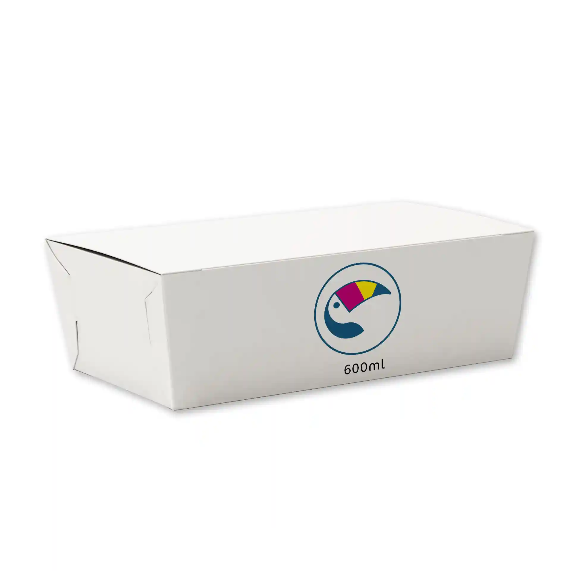 Boîte à snacks blanche avec logo imprimé et une capacité de 600 ml, présentée en angle.