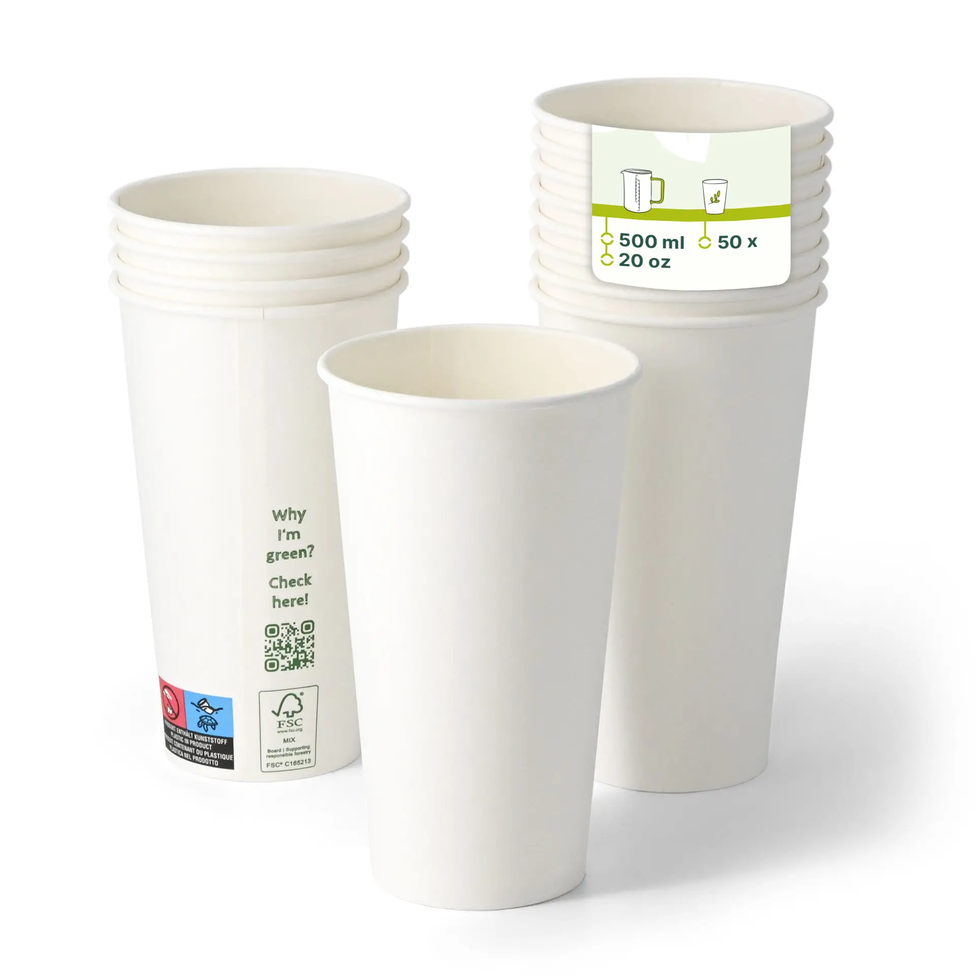 Weißer Pappbecher mit PLA-Beschichtung, geeignet für heiße und kalte Getränke, stapelbar, 500 ml Kapazität.