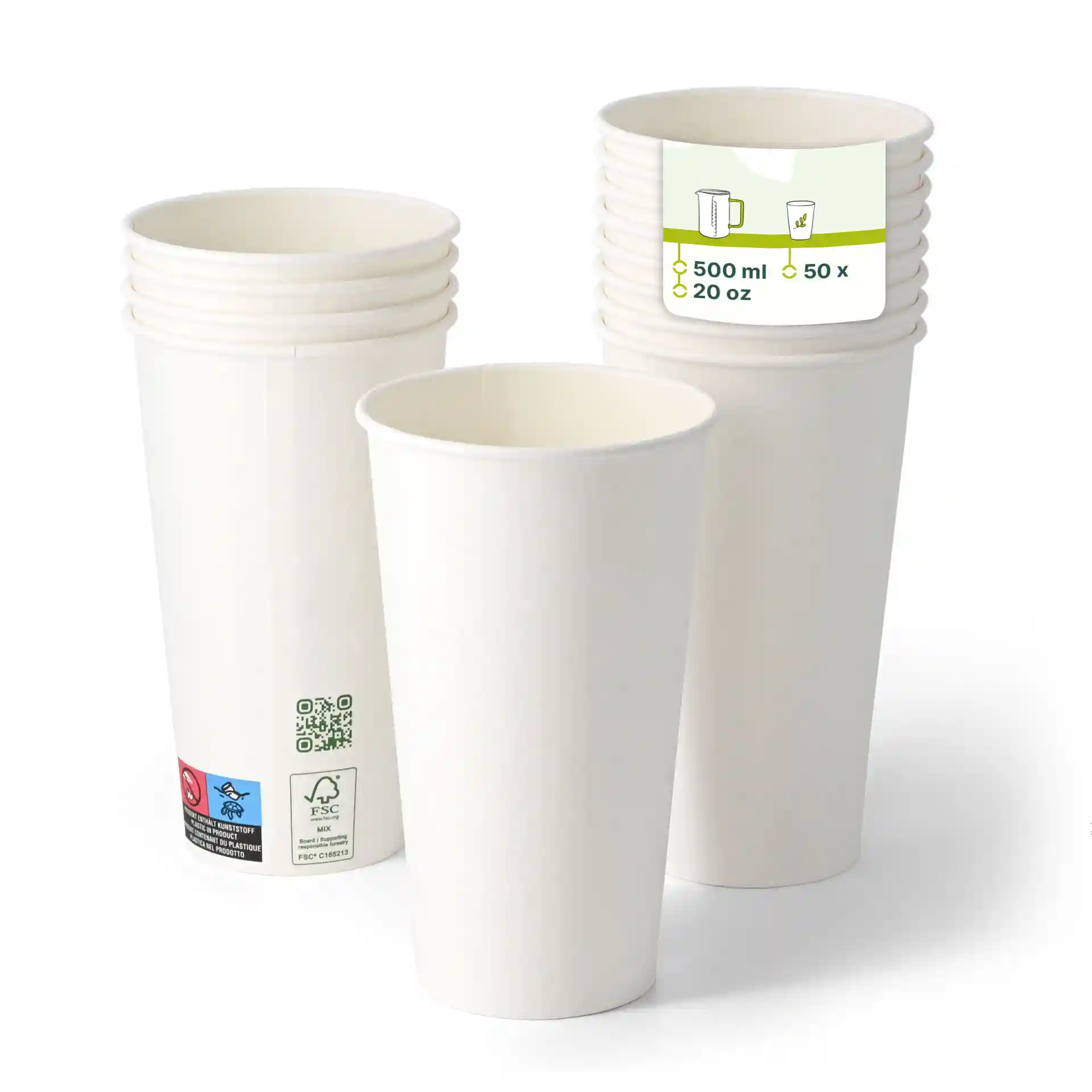 Weiße Becher mit einfacher Wand, 500 ml Fassungsvermögen, gestapelt mit einem Becher vorne, der das Innere zeigt.