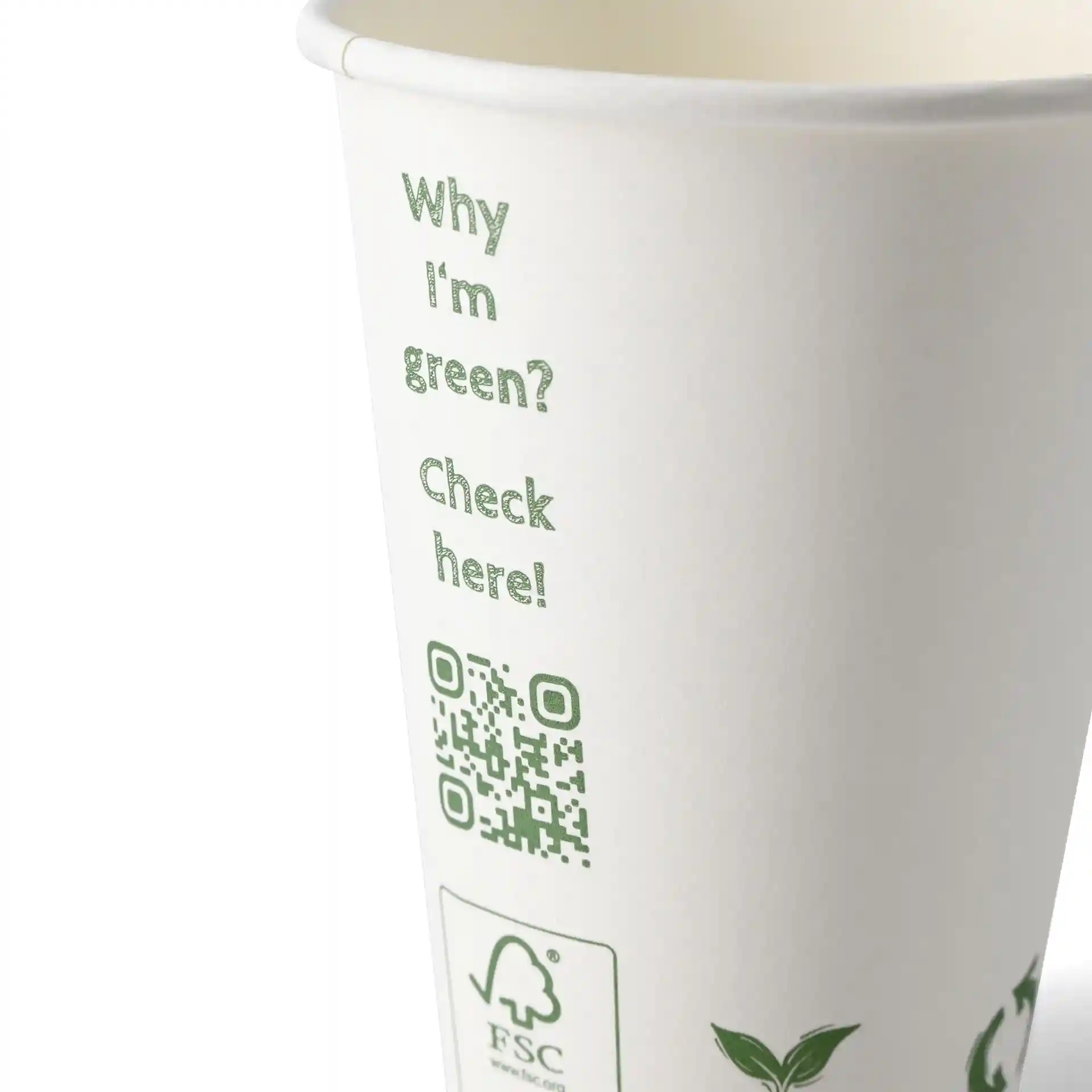 Bicchiere bianco a parete singola con testo stampato verde e codice QR, capacità di 180 ml, diametro di 70 mm.