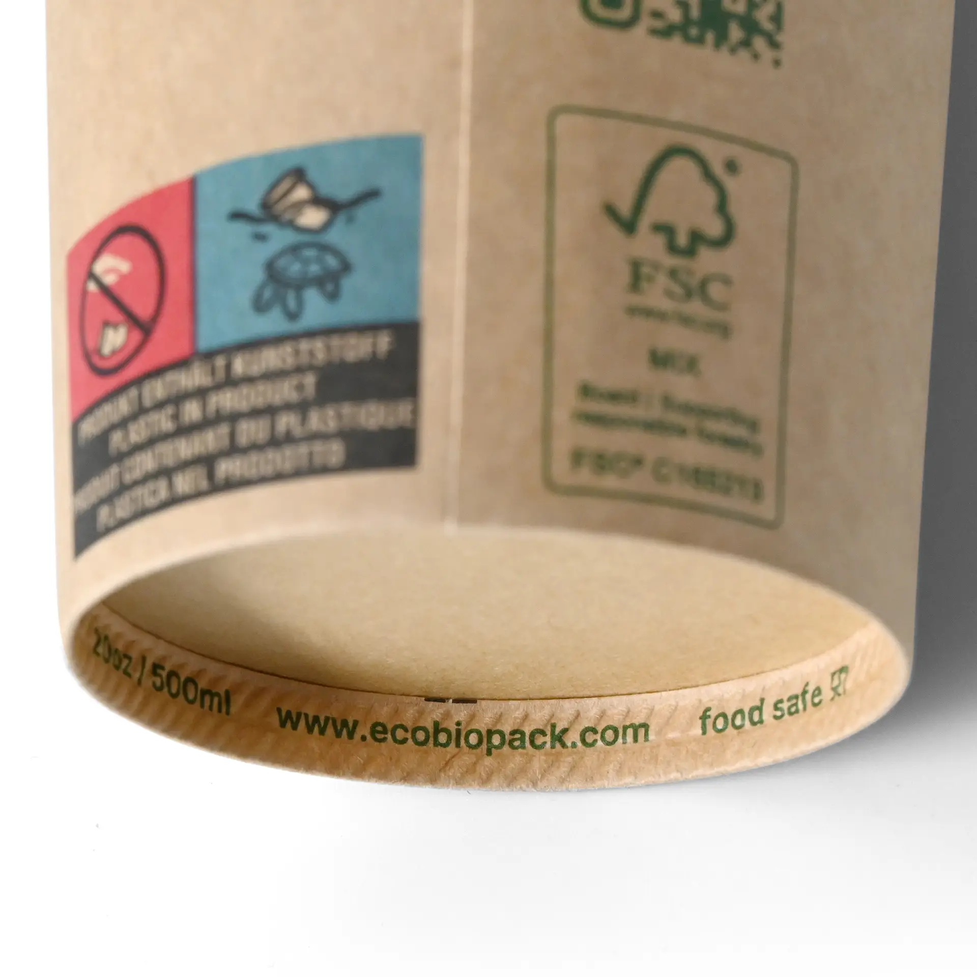 Gobelet en papier brun à paroi simple avec revêtement PLA pour boissons chaudes et froides, comportant des symboles de durabilité et des détails de site web.