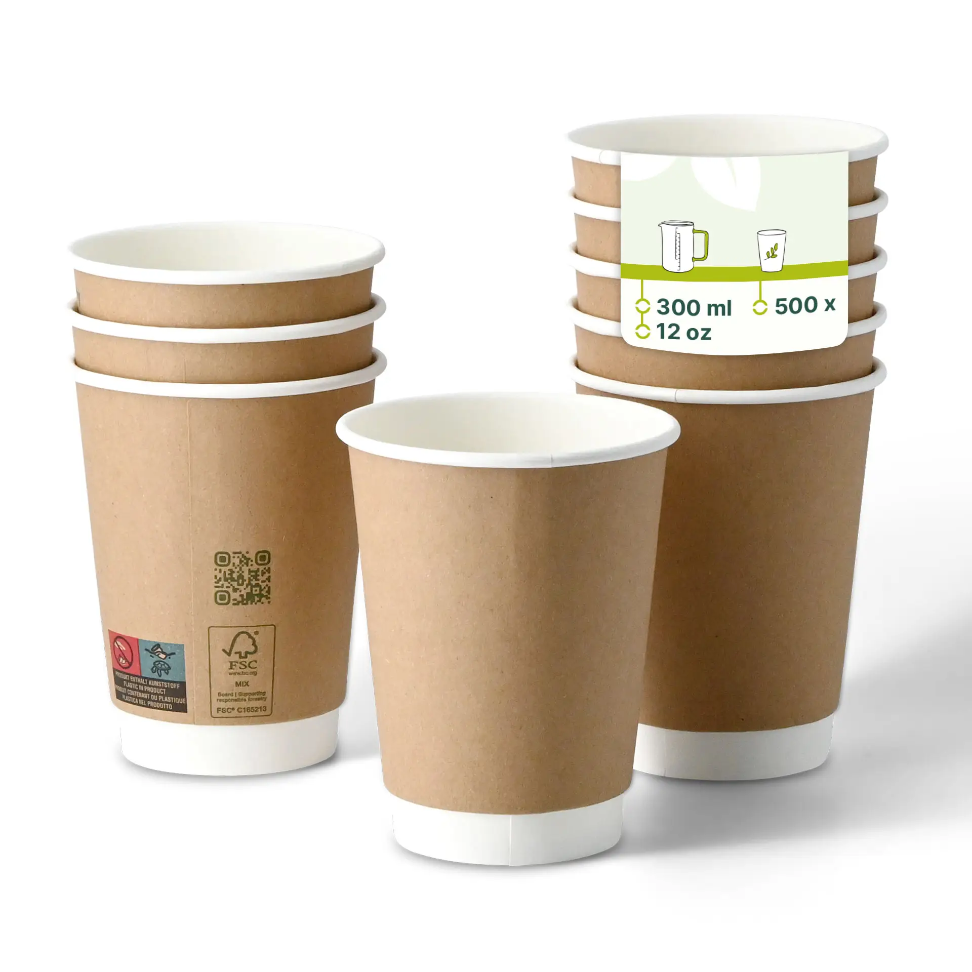 Kaffee to go Becher, 300 ml / 12 oz, Ø 90 mm, doppelwandig, braun / innen weiss, PLA-beschichtet