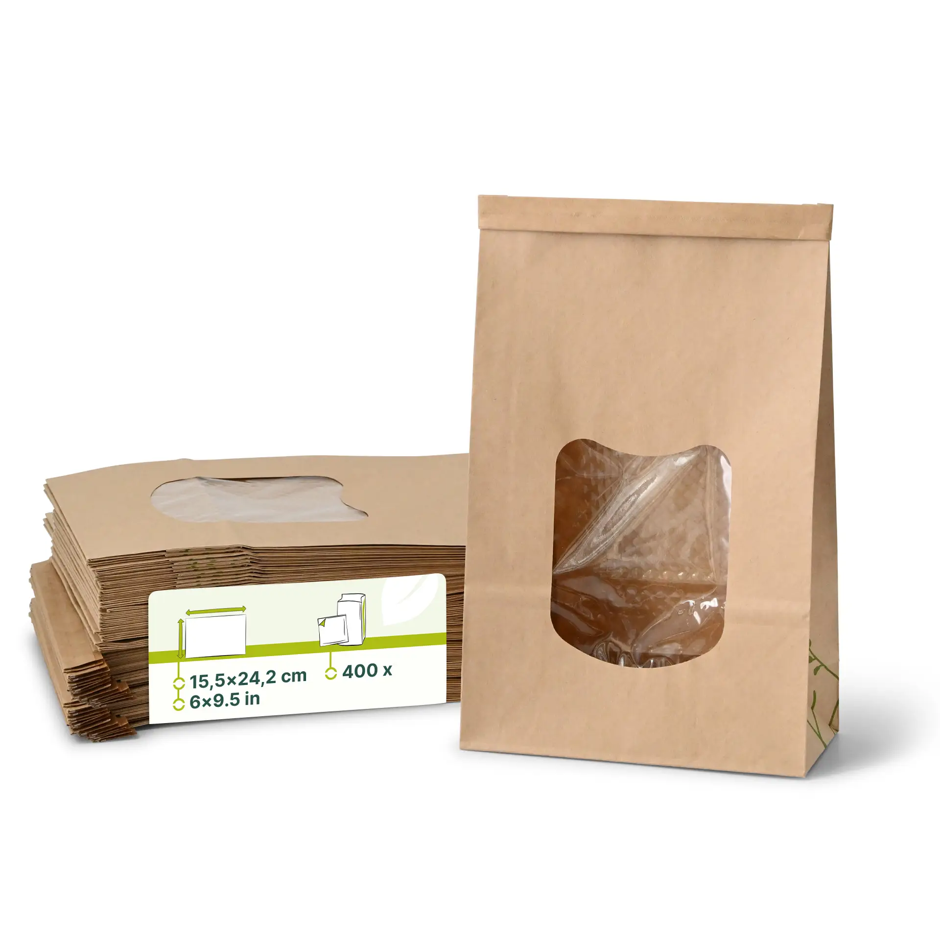 Sac SOS kraft brun L, fenêtre PLA et fermeture, 15,5 x 7 x  24,2 cm dre02790-blockbeutel-m-fenster-l-155-x-7-x-242-cm-pla-folie-braun-clipband-kraftpapier