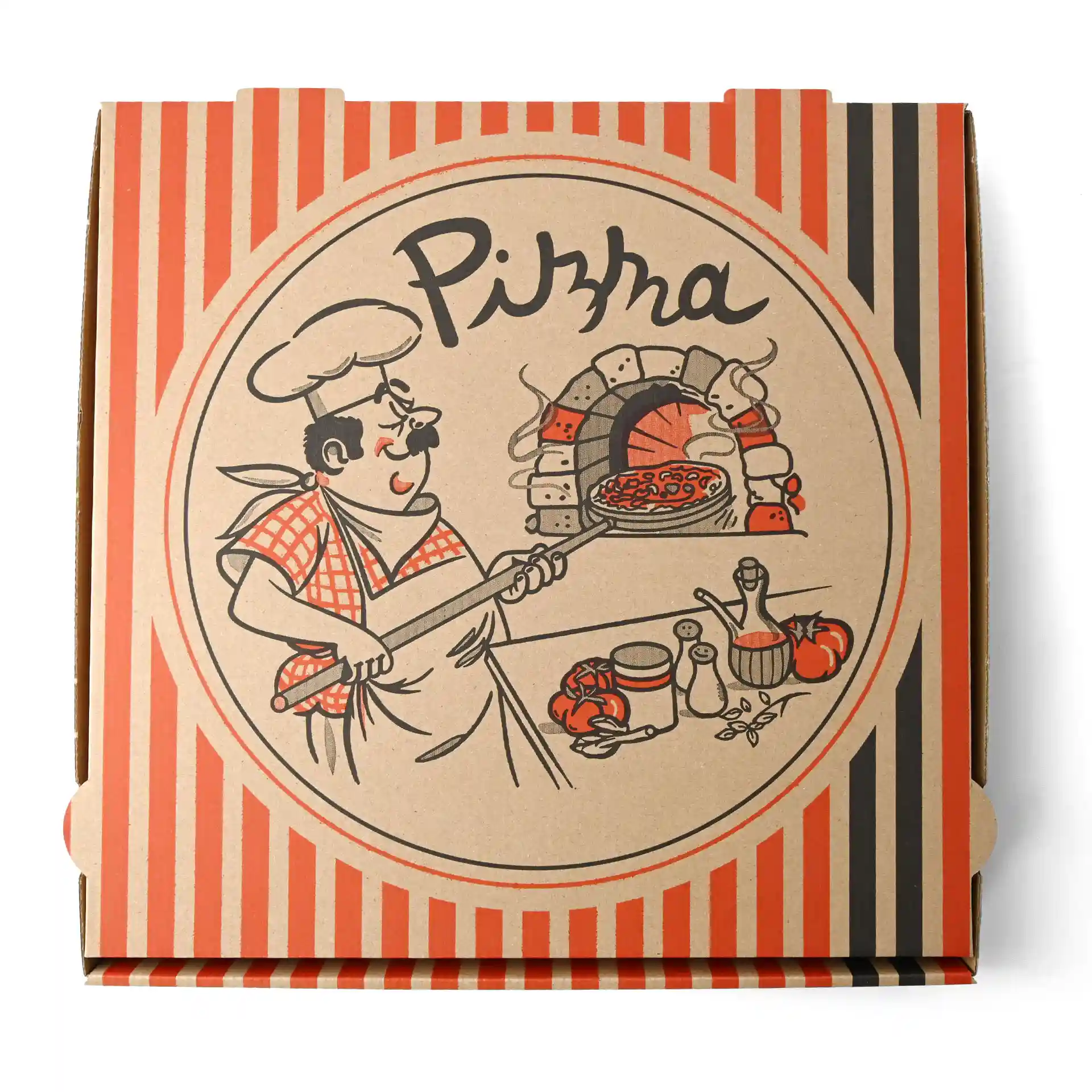 Pizzaschachtel mit einem Pizzakoch-Design, braune Farbe, Maße 32 x 32 x 4 cm.