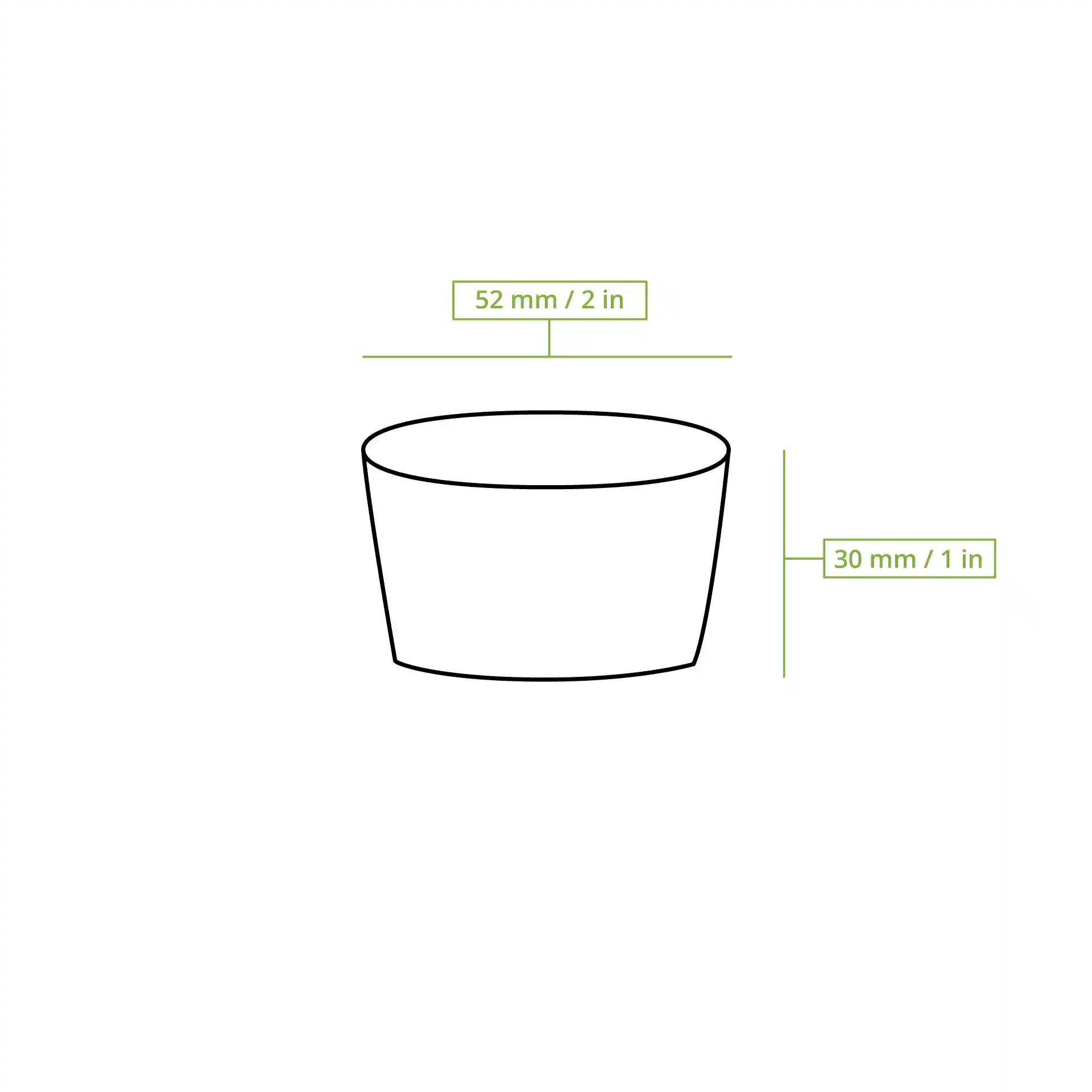 Disegno schematico di un bicchiere con dimensioni, altezza di 30 mm e diametro superiore di 52 mm.