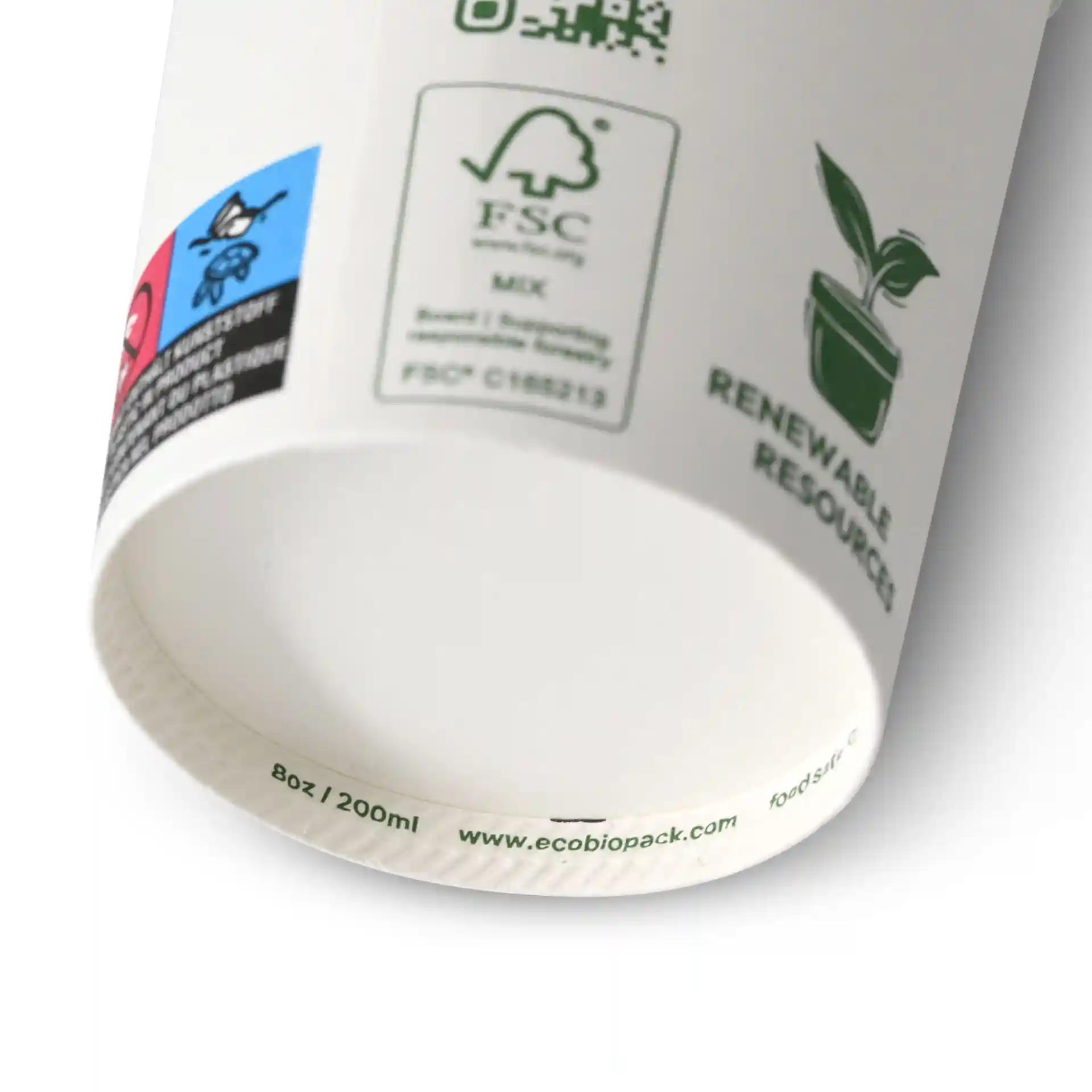 Gobelet en carton 200 ml / 8 oz, Ø 80 mm, avec pictogrammes "EcoUp©", simple paroi, blanc, revêtement en PLA