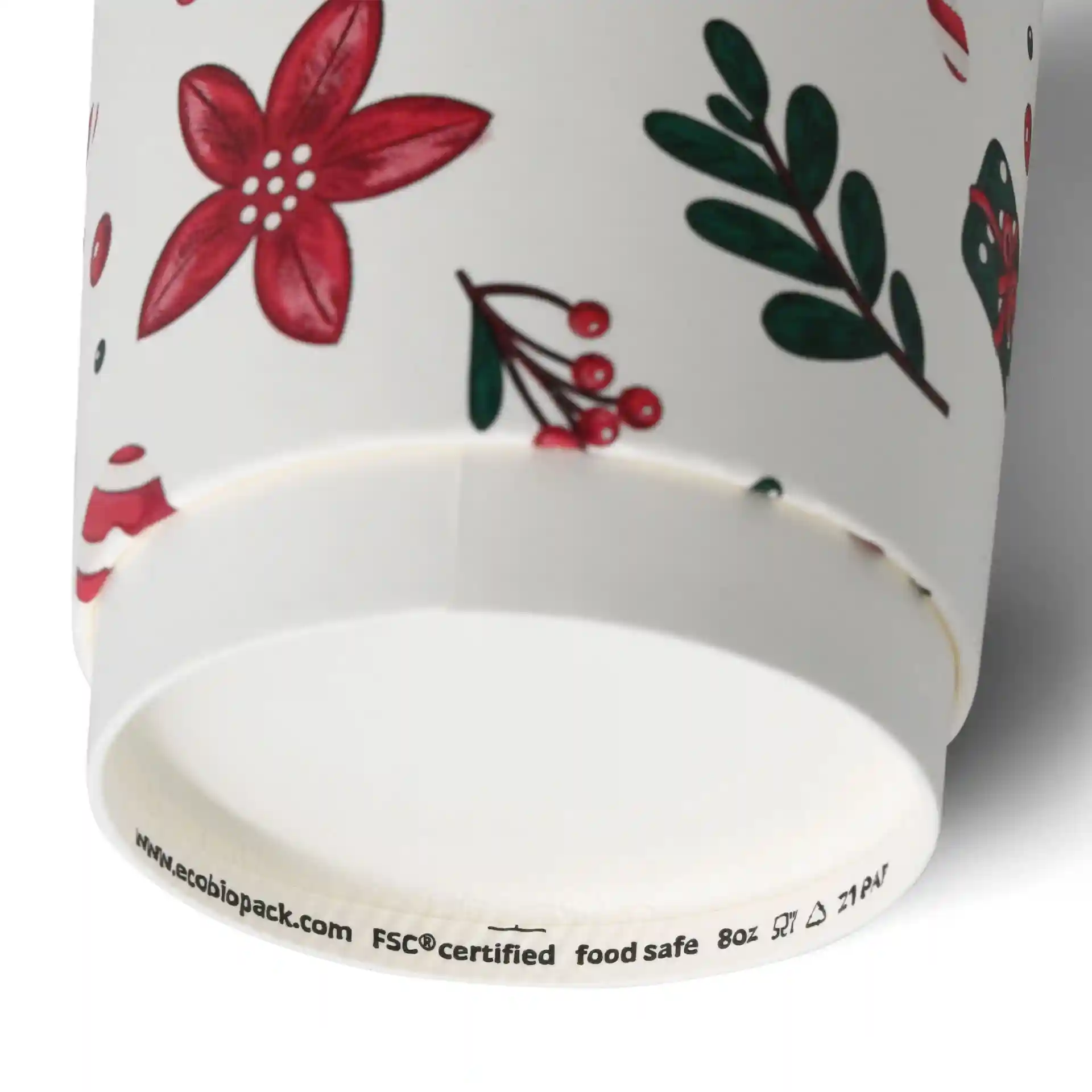 Tazza da caffè bianca a doppia parete con design floreale invernale, capacità di 8 oz e dettagli del bordo visibili.