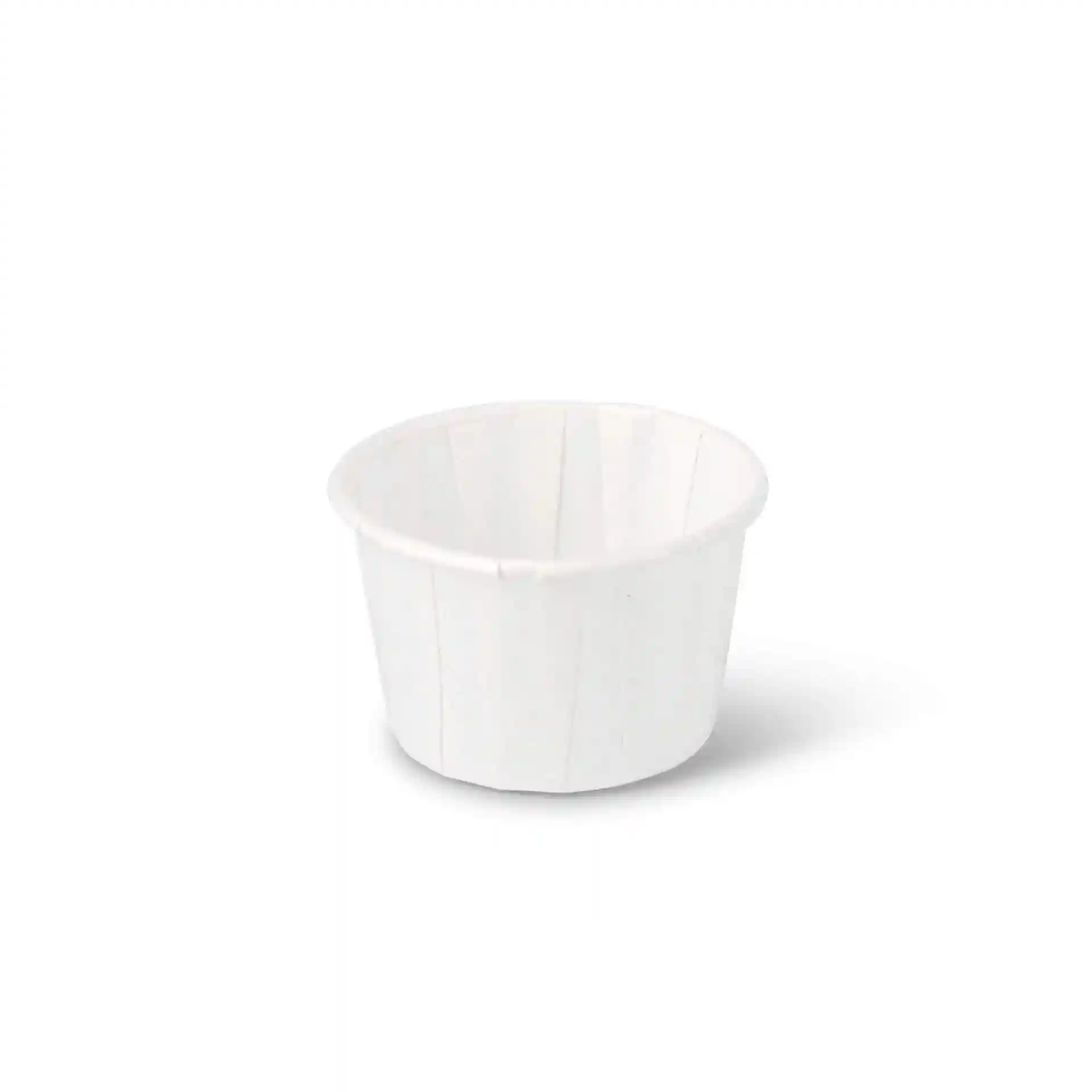 Bicchiere bianco con un'altezza di 30 mm e un diametro superiore di 52 mm, capacità di 45 ml.