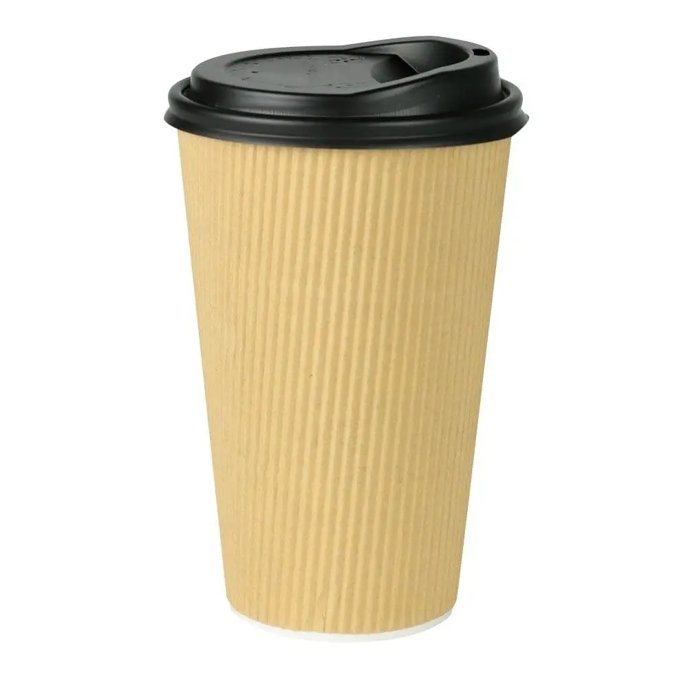 Riffelbecher / Coffee to go Becher 400 ml / 16 oz, Ø 90 mm, braun / innen weiß, PLA-beschichtet