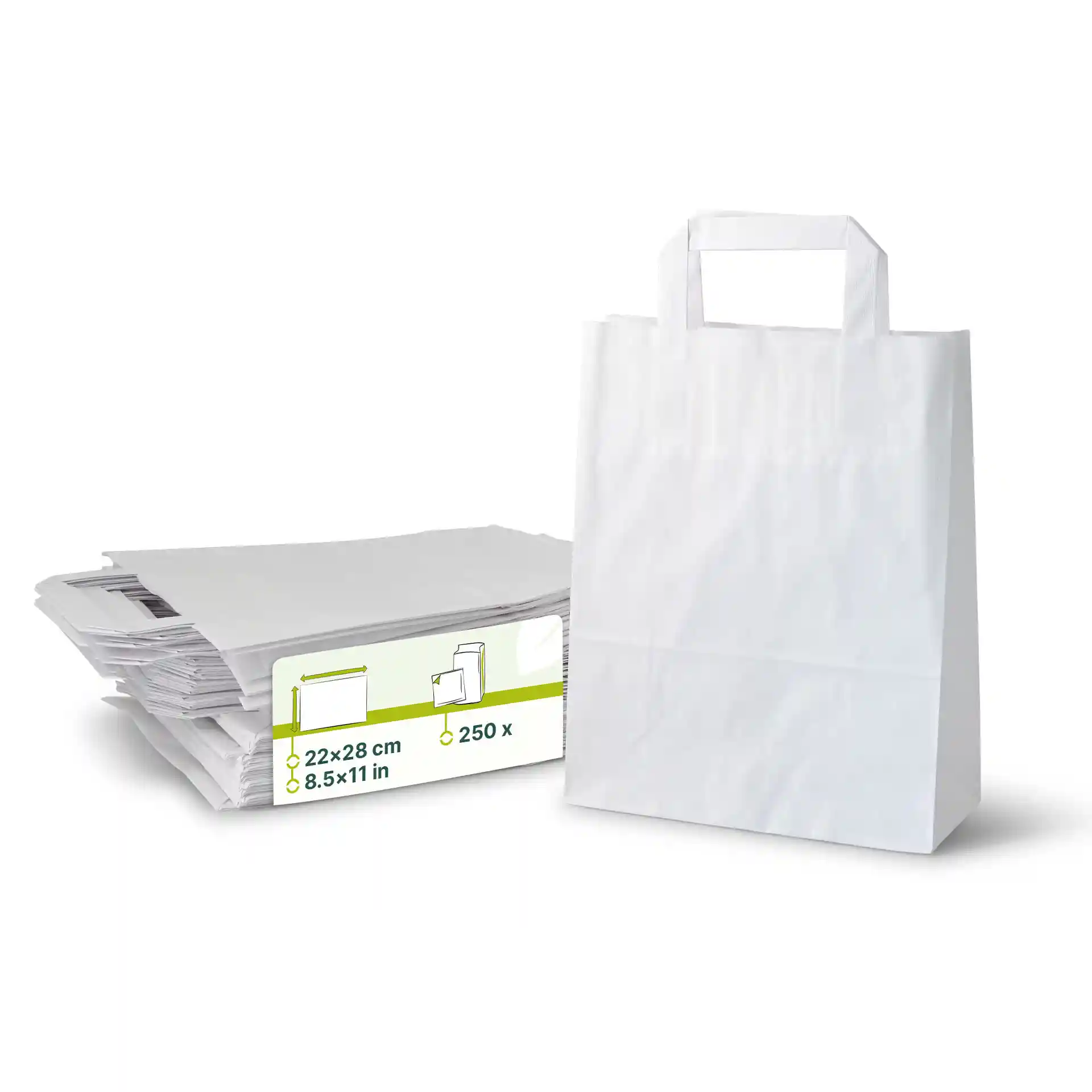 Weiße Kraftpapier-Tragetasche mit flachem Griff, neben einem Stapel ähnlicher Taschen.