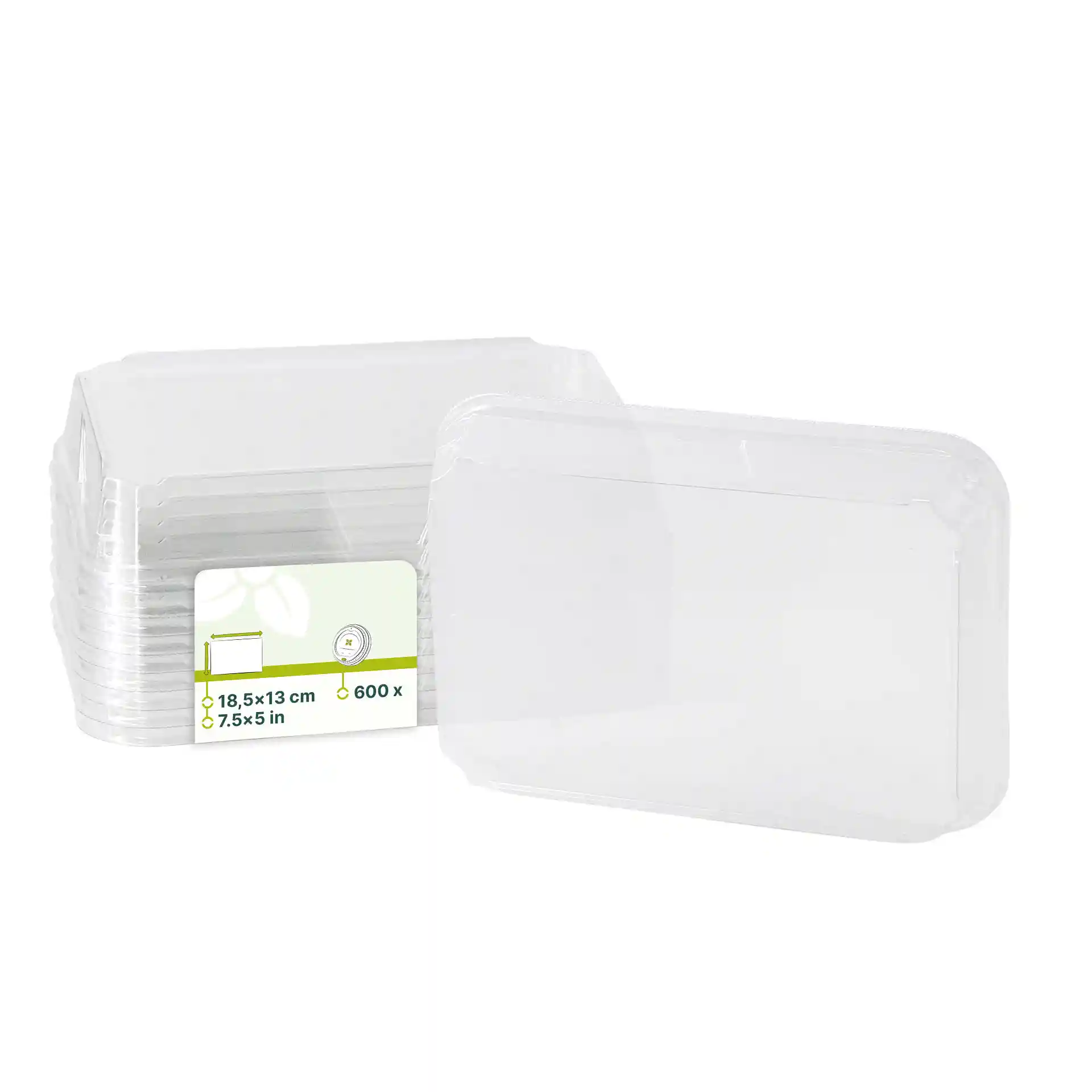 Transparente PET-Deckel für Sushi-Boxen, 18,5 x 13 cm, gestapelt mit einem Etikett, das die Maße zeigt.