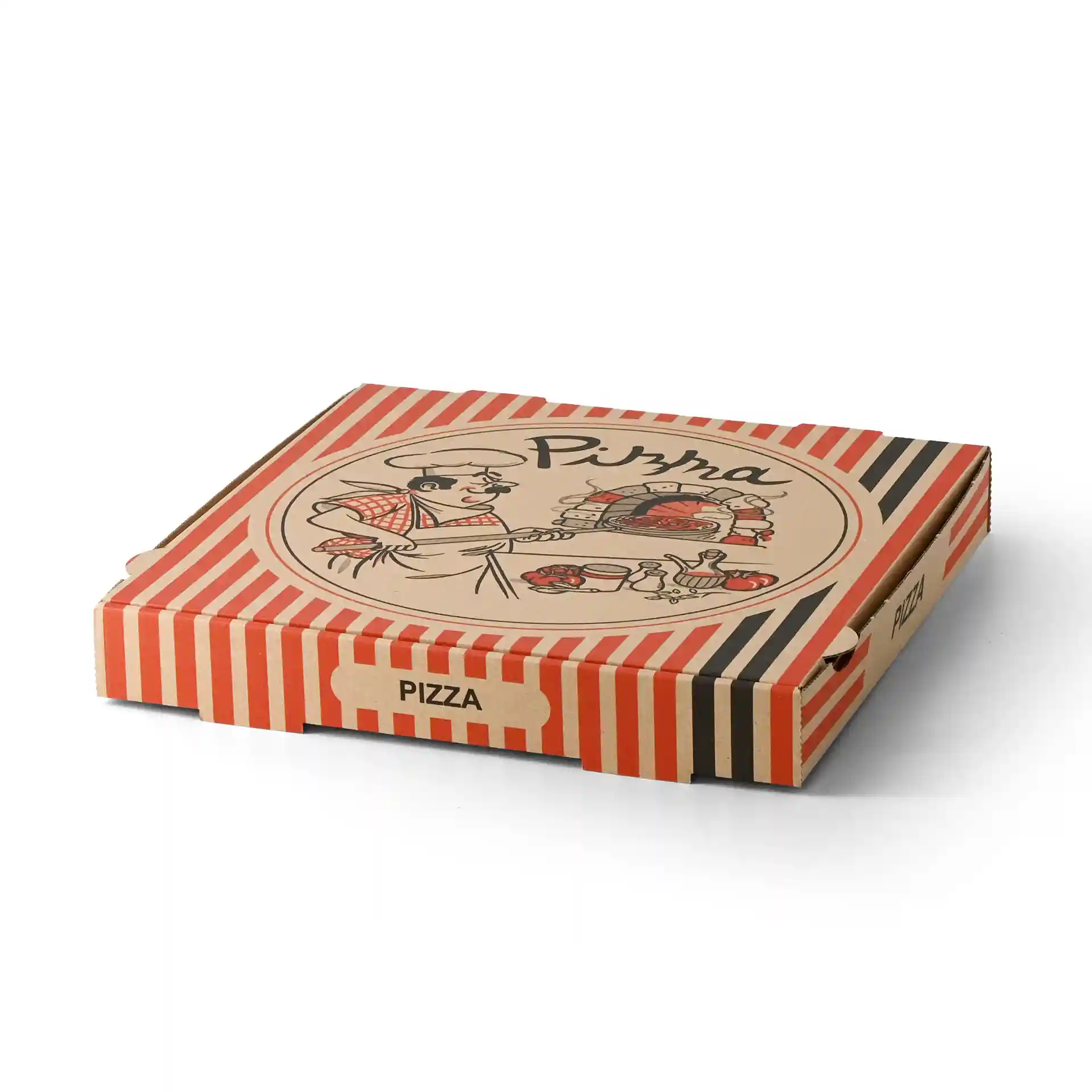 Boîte à pizza avec un design de chef pizzaiolo, marron avec des rayures rouges et noires, mesurant 30 x 30 x 4 cm.