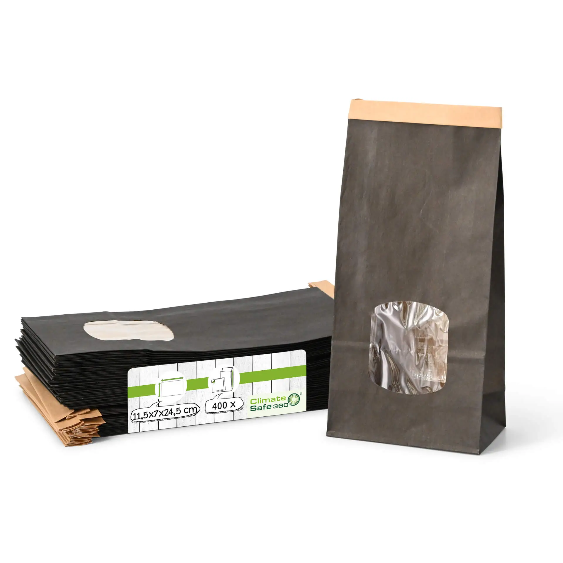 Sac SOS kraft noir M, fenêtre PP et fermeture, 11,5 x 7 x 24,5 cm
