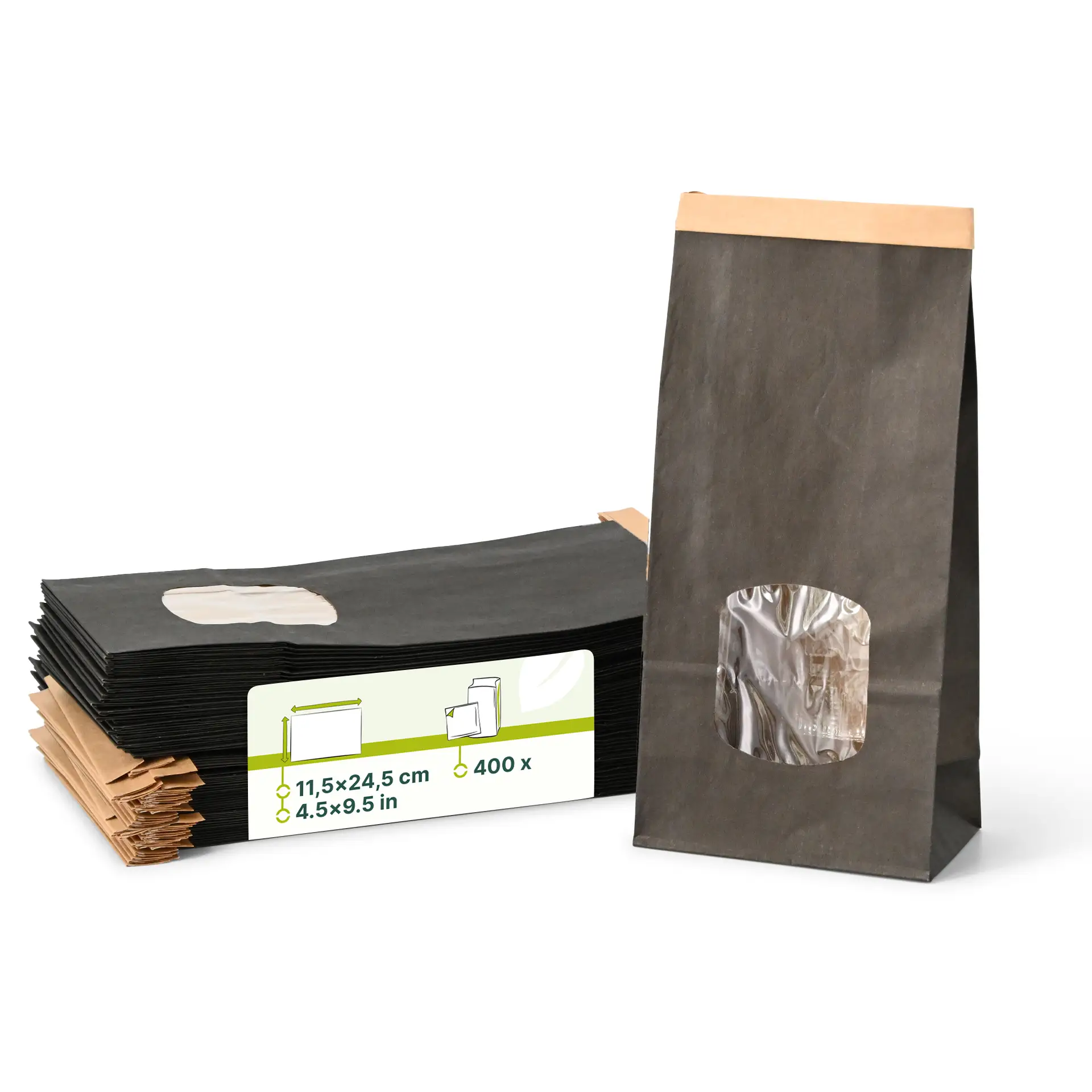 Sac SOS kraft noir M, fenêtre PP et fermeture, 11,5 x 7 x 24,5 cm dre02741-blockbeutel-m-115-x-7-x-245-cm-pp-folie-schwarz-clipband-kraftpapier