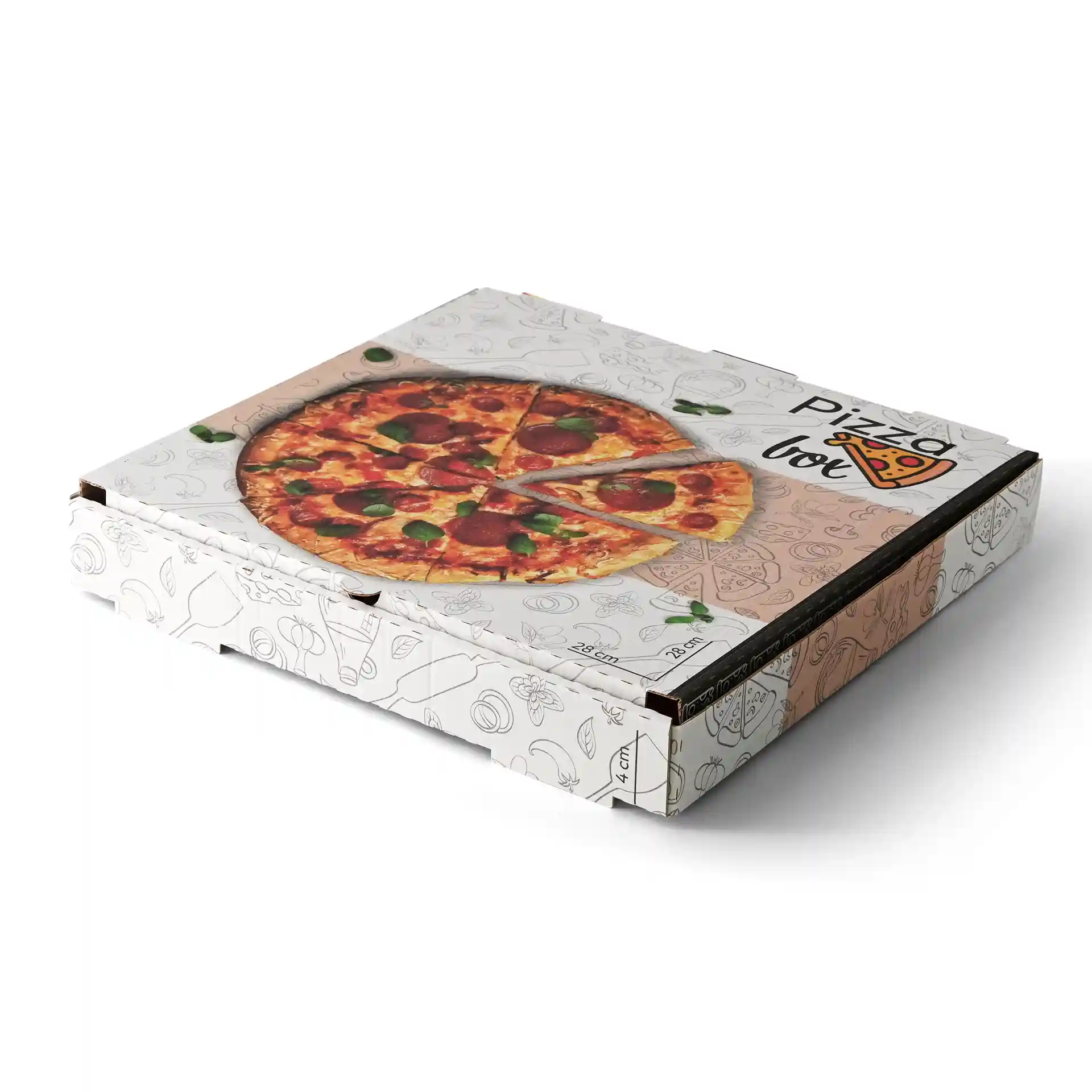 Pizzakarton mit Druckdesign, 28 x 28 x 4 cm, mit einem Bild einer Pizza auf der Oberseite.