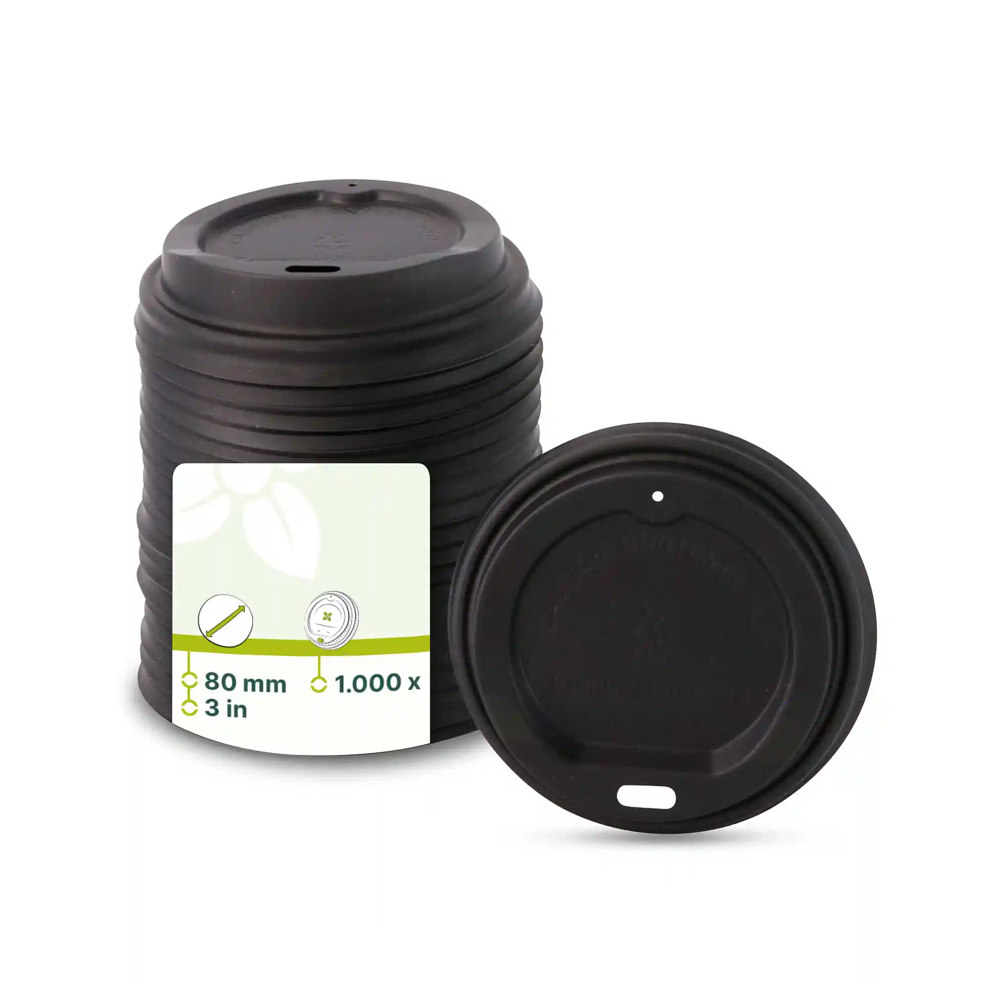 Coperchio CPLA nero con foro per bere, diametro di 80 mm, impilato con un'etichetta che mostra i dettagli del prodotto.