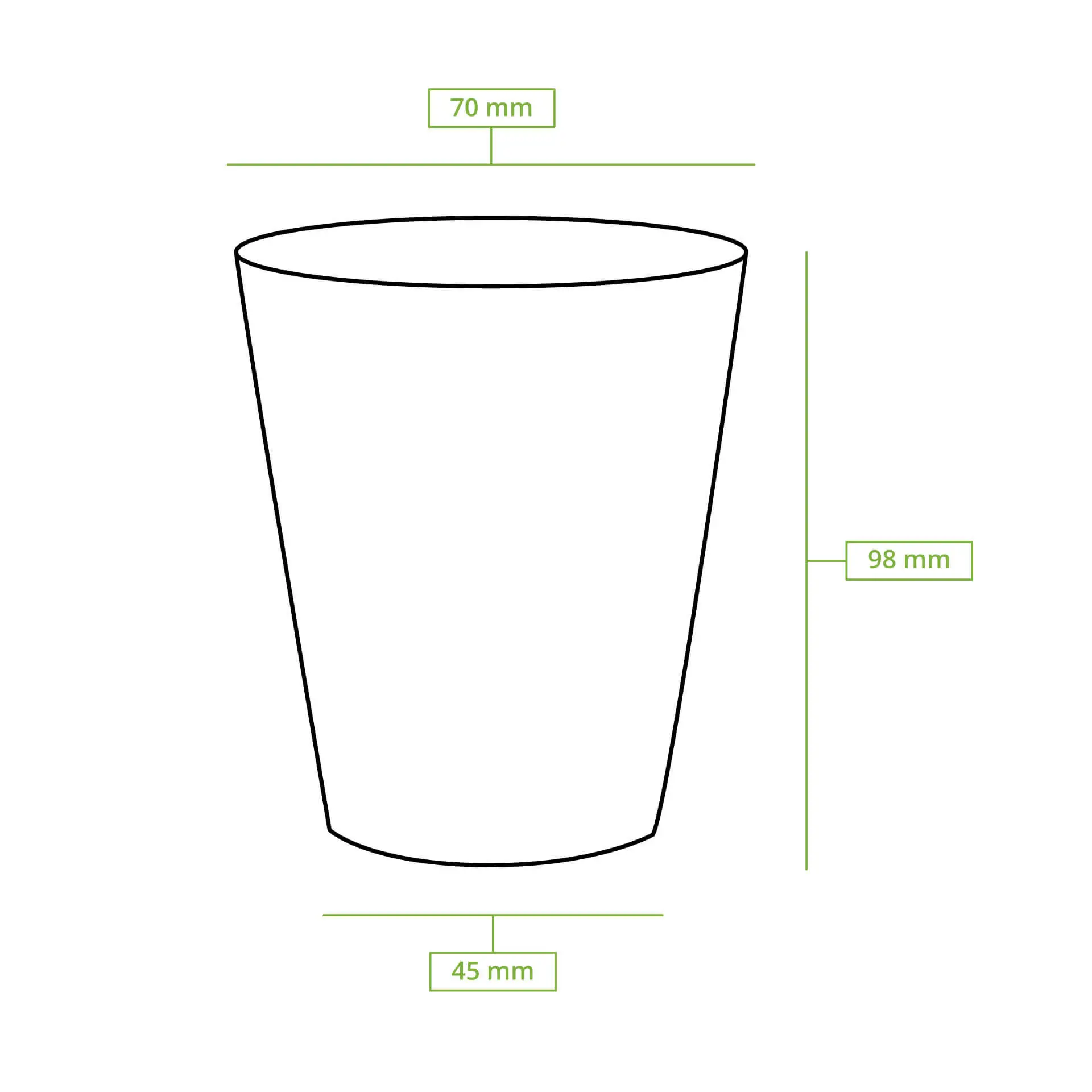 Dessin schématique d'un gobelet en papier rond avec dimensions : hauteur 92 mm, diamètre supérieur 70 mm, diamètre inférieur 45 mm.