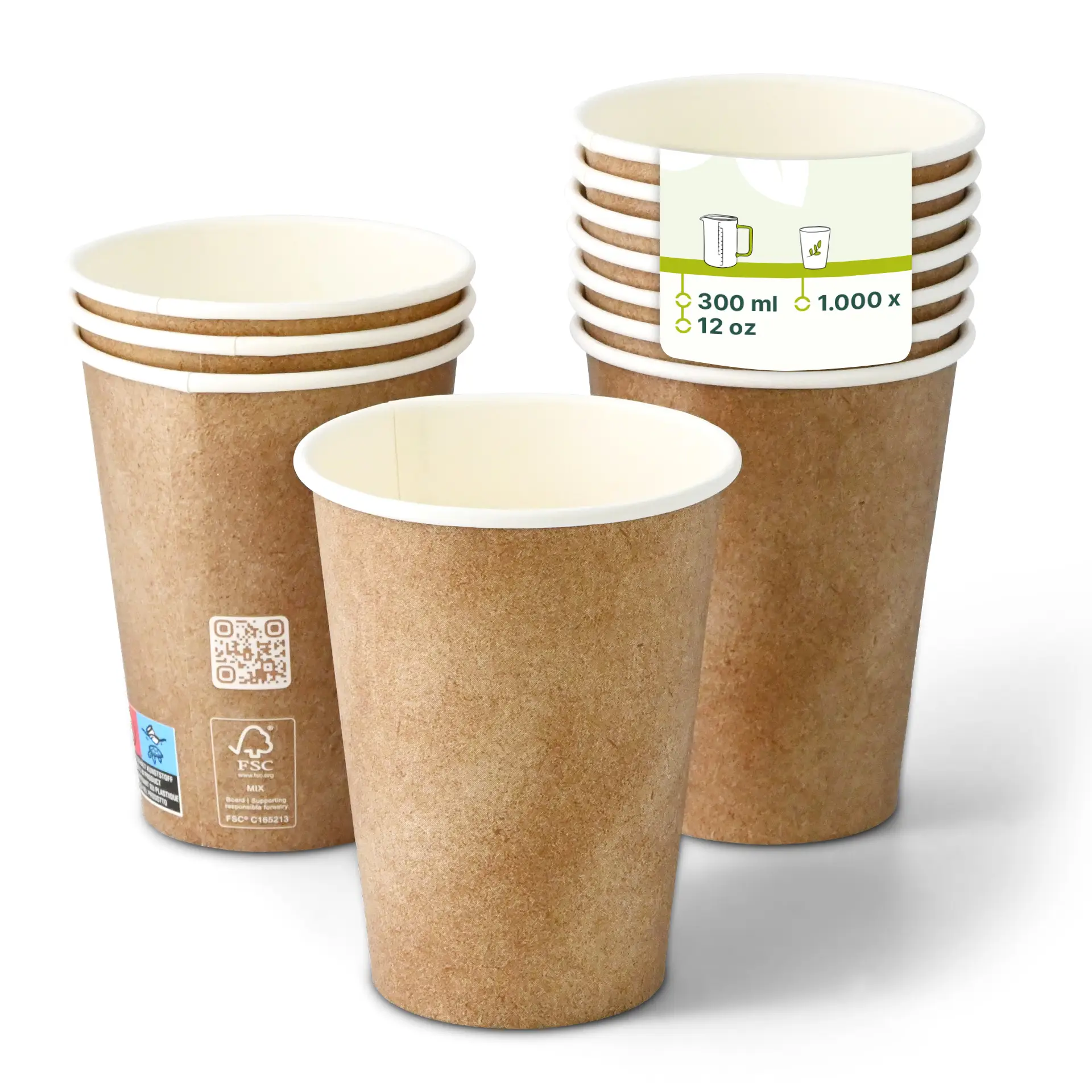 Pappbecher 300 ml / 12 oz, Ø 90 mm, einwandig, braun / innen weiss, PLA-beschichtet