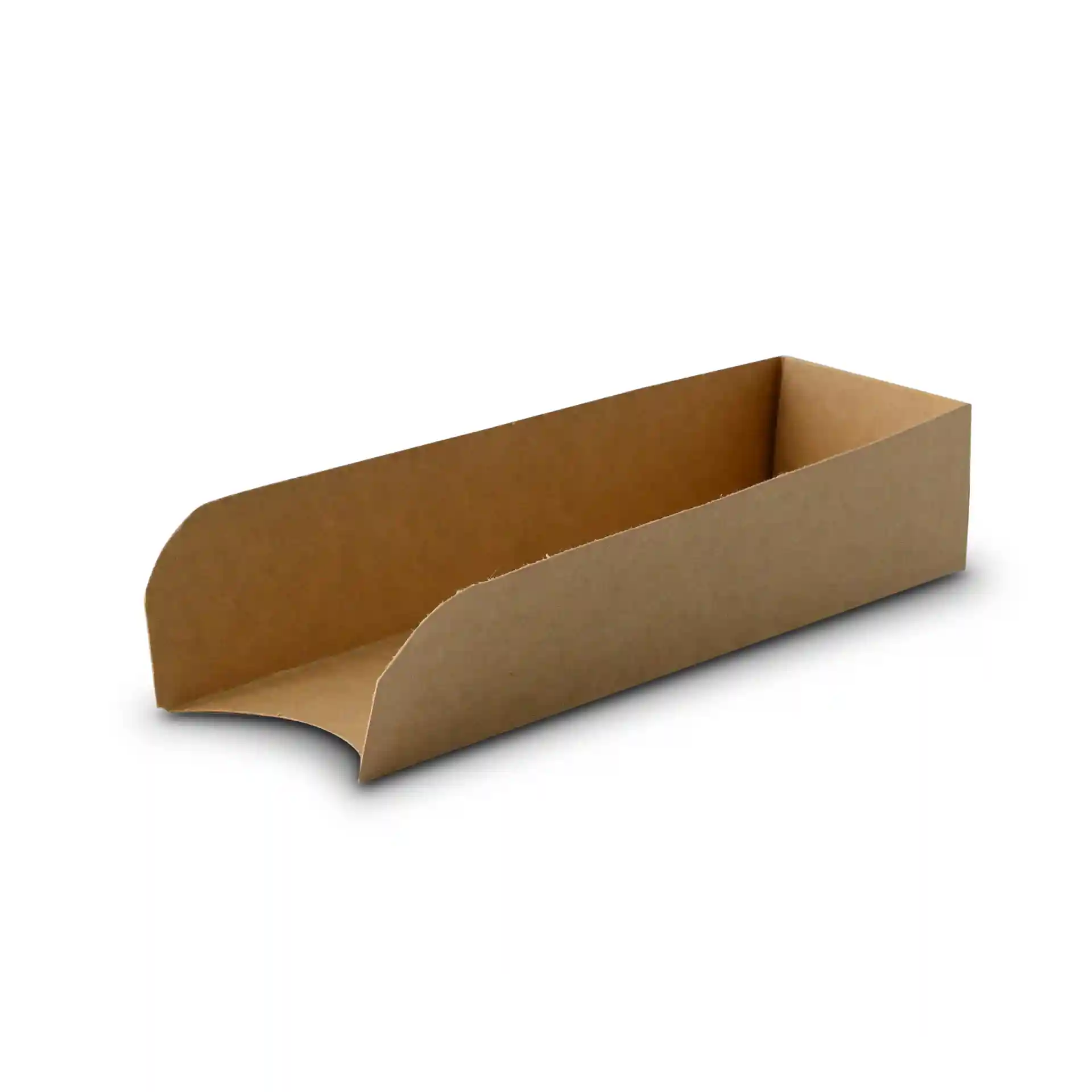 Vassoio rettangolare in cartone marrone per hot dog, pieghevole, misura 18 x 5 cm con un'altezza di 3,5 cm.