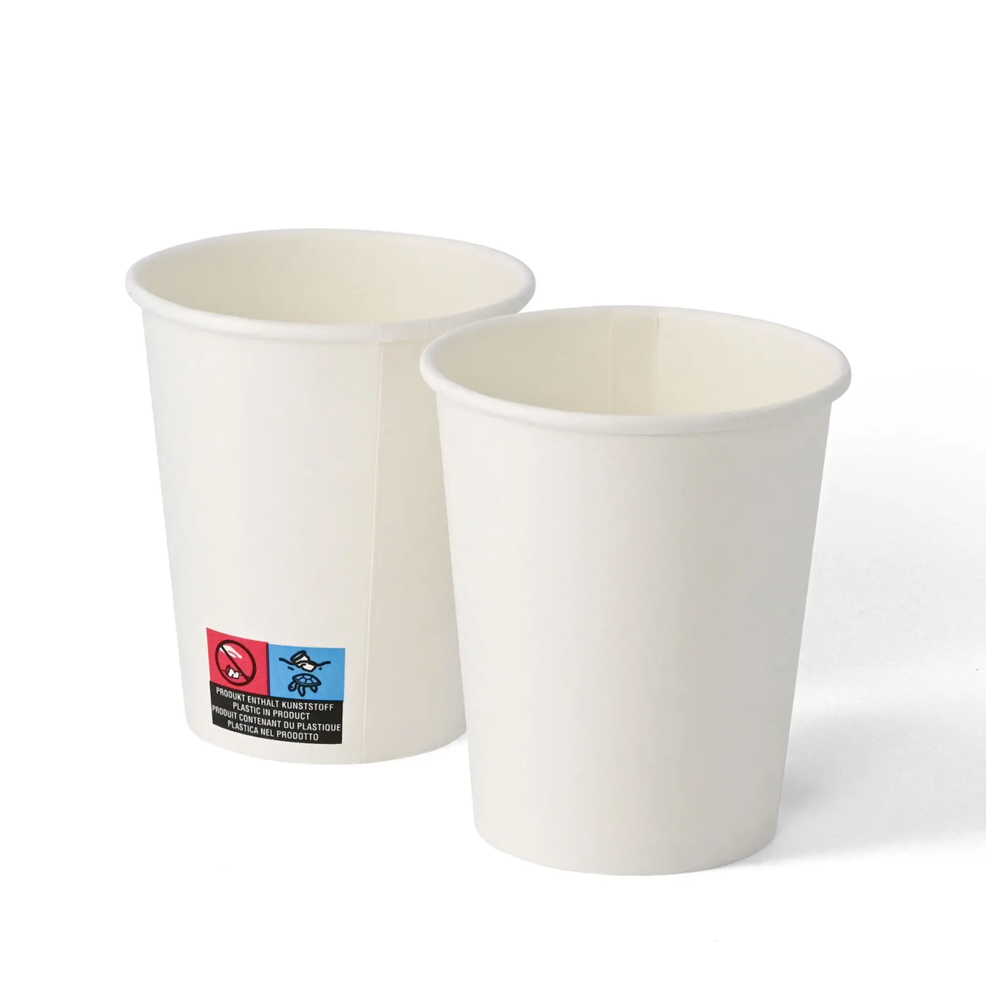 Gobelets en papier blancs à paroi simple, capacité de 200 ml, diamètre de 80 mm, avec une étiquette et des symboles.