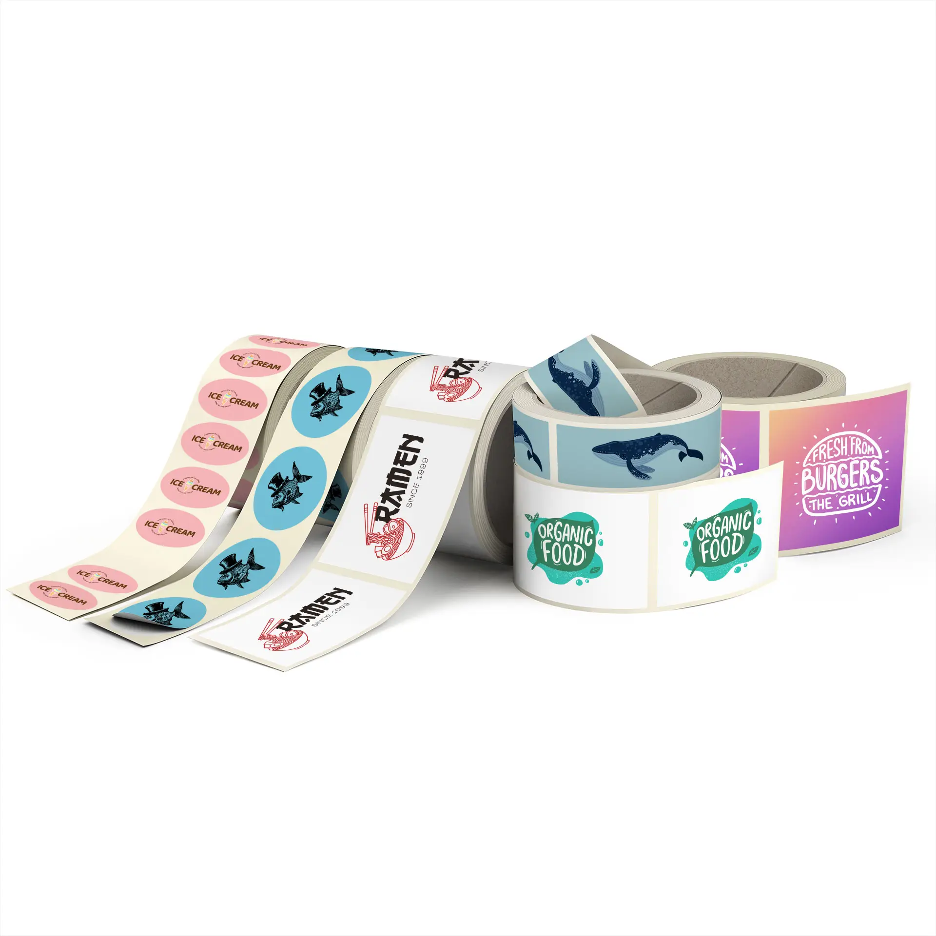 Rotoli assortiti di etichette personalizzate stampate in vari design, tra cui temi di cibo biologico e gelato.