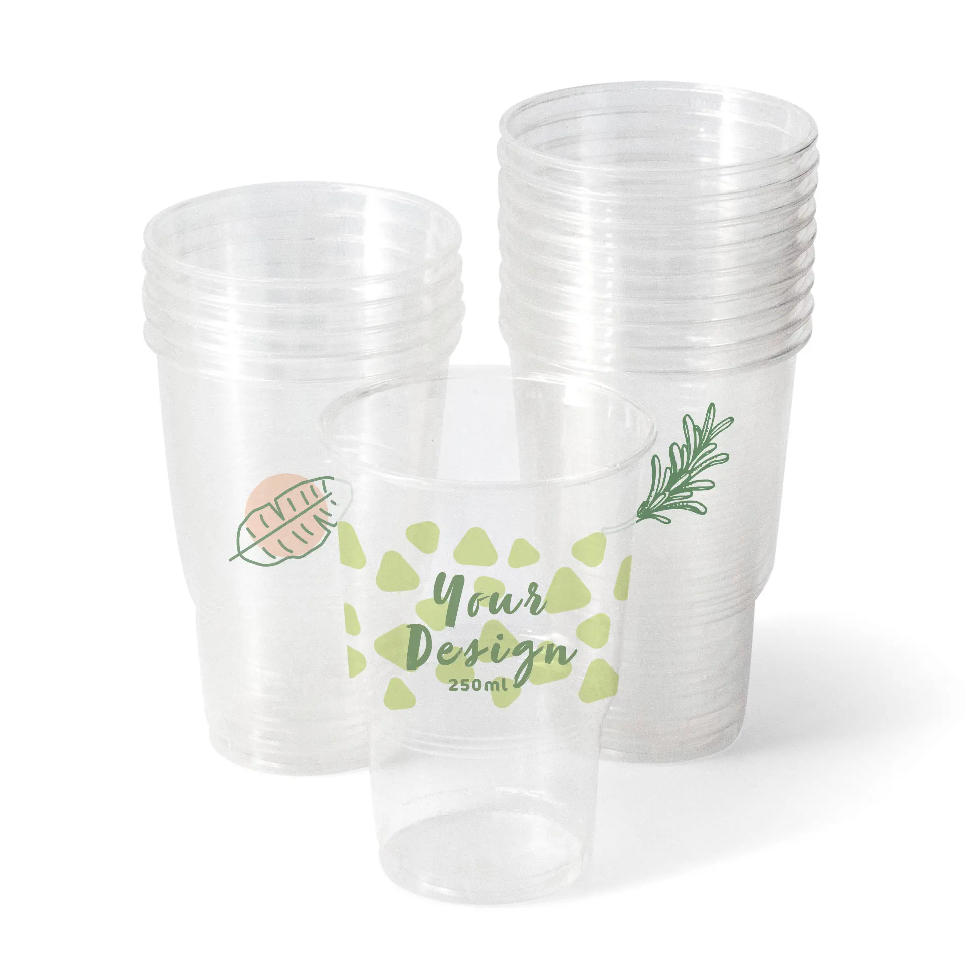 Bicchieri rPET trasparenti da 10 oz con design personalizzato; diversi bicchieri trasparenti impilati dietro il bicchiere frontale con grafiche verdi.