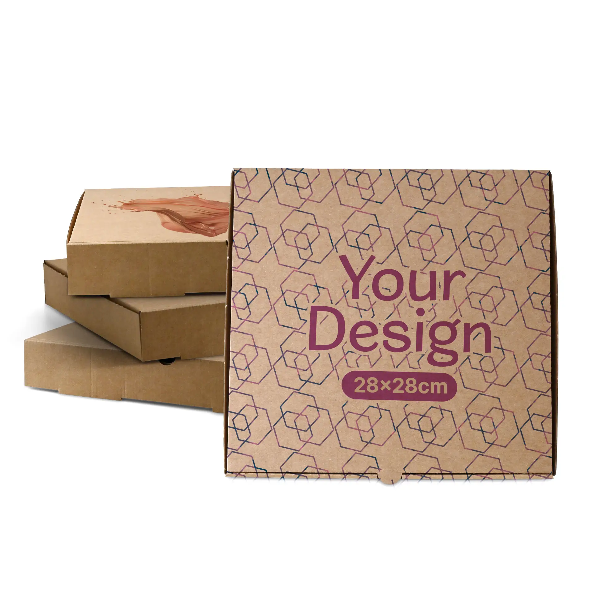 Scatola per pizza marrone con design geometrico, misura 28 x 28 cm, davanti a diverse scatole simili.