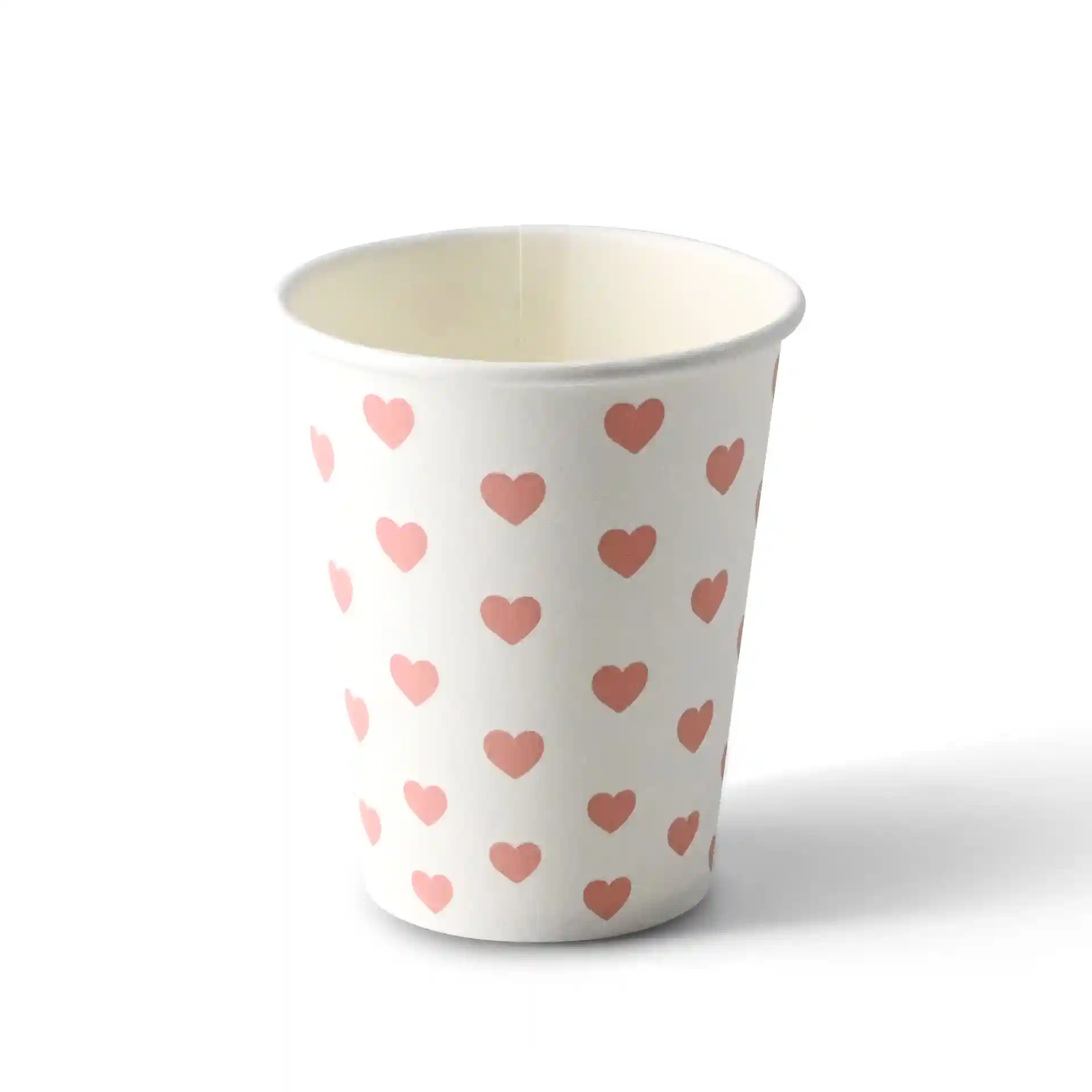 Bicchiere di carta bianco con motivi a cuore rosa, capacità di 8 oz, forma rotonda e materiale in cartone rivestito.