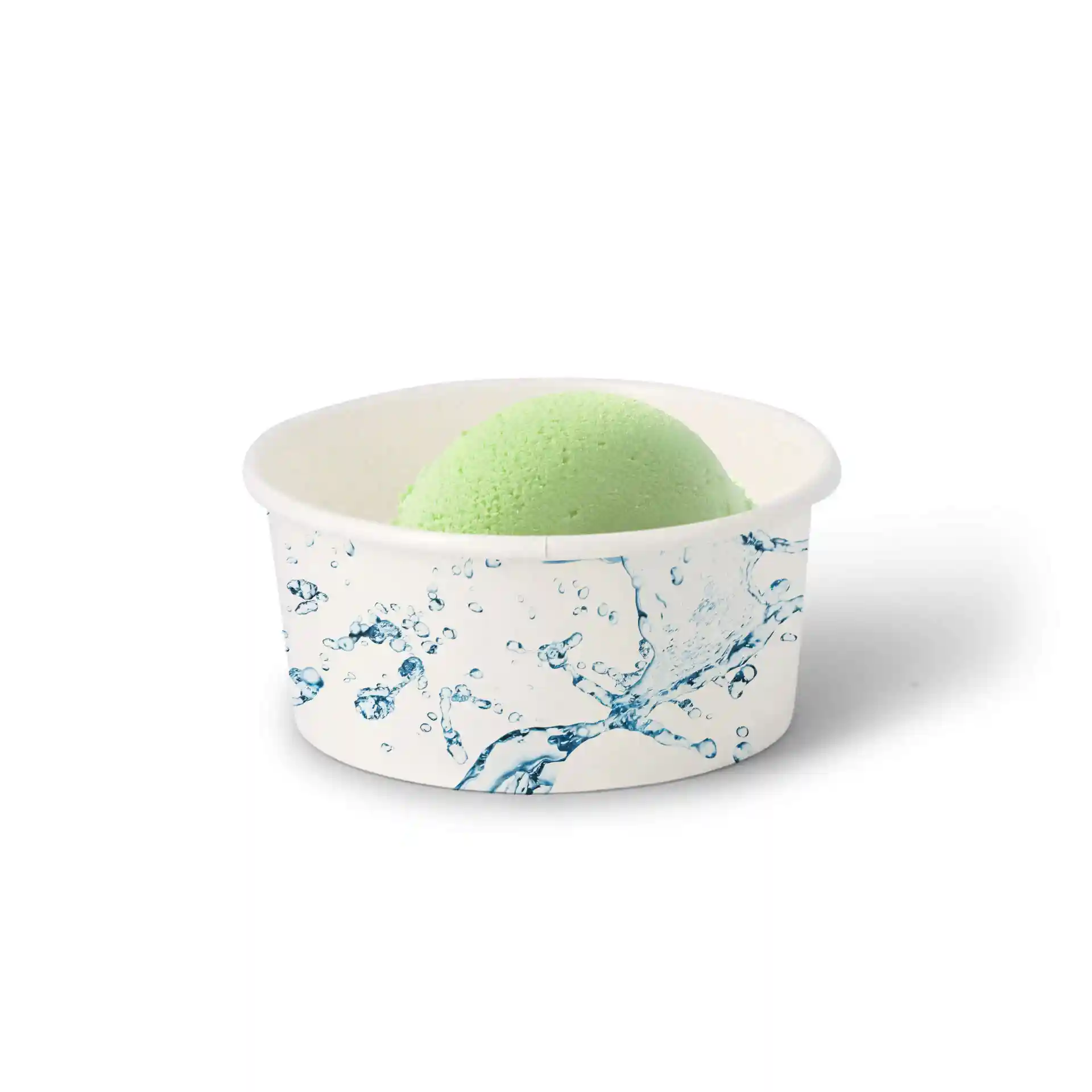 Runder Eisbecher aus weißem Karton mit Wasserspritzdesign, gefüllt mit einer grünen Eiskugel.
