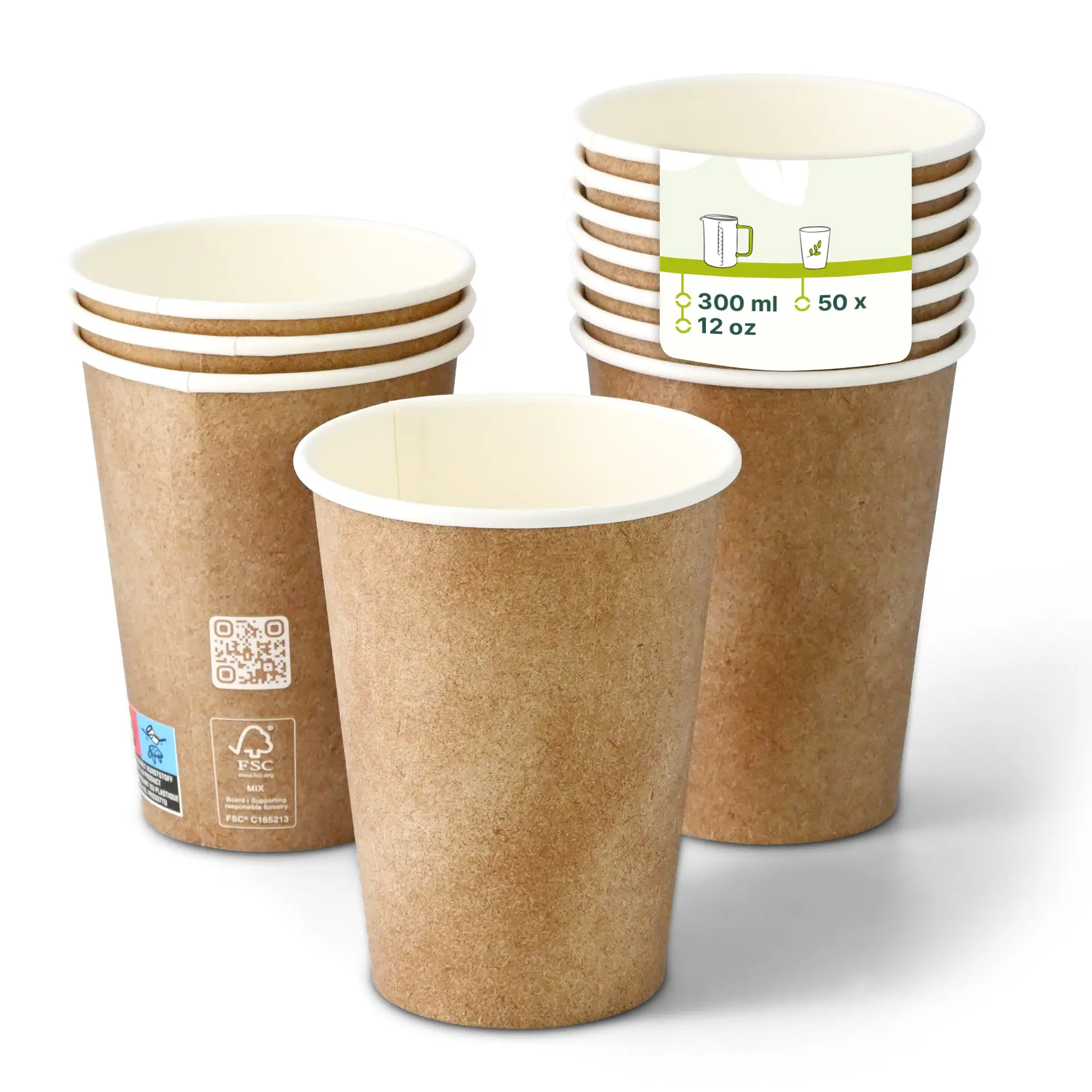 Pappbecher 300 ml / 12 oz, Ø 90 mm, einwandig, braun / innen weiss, PLA-beschichtet