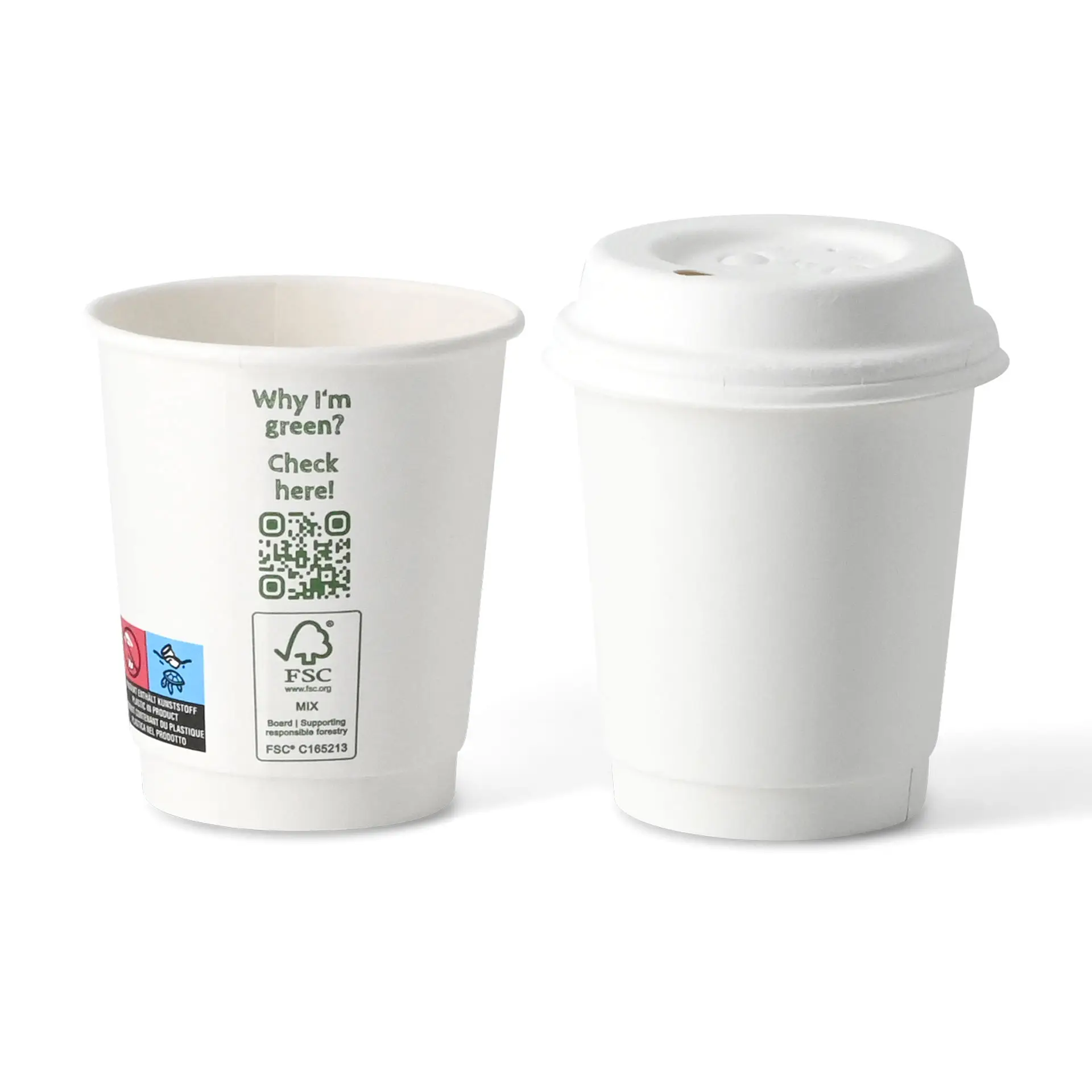 Kaffee to go Becher, 200 ml / 8 oz, Ø 80 mm, doppelwandig, weiss, PLA-beschichtet