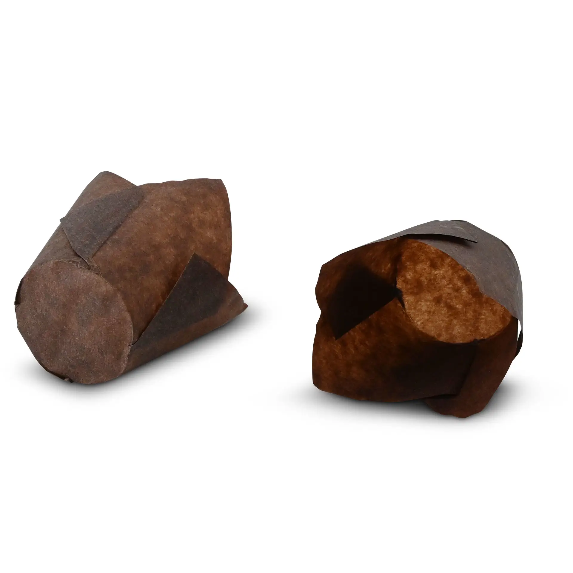 Braune Papier-Muffinförmchen mit einer Höhe von 80 mm und einem Bodendurchmesser von 50 mm, in zwei Positionen gezeigt.