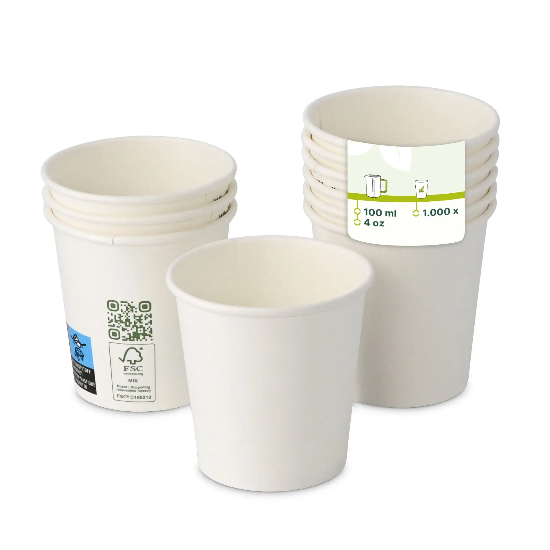 Gobelet en carton 100 ml / 4 oz, Ø 62 mm, simple paroi, blanc, revêtu de PLA