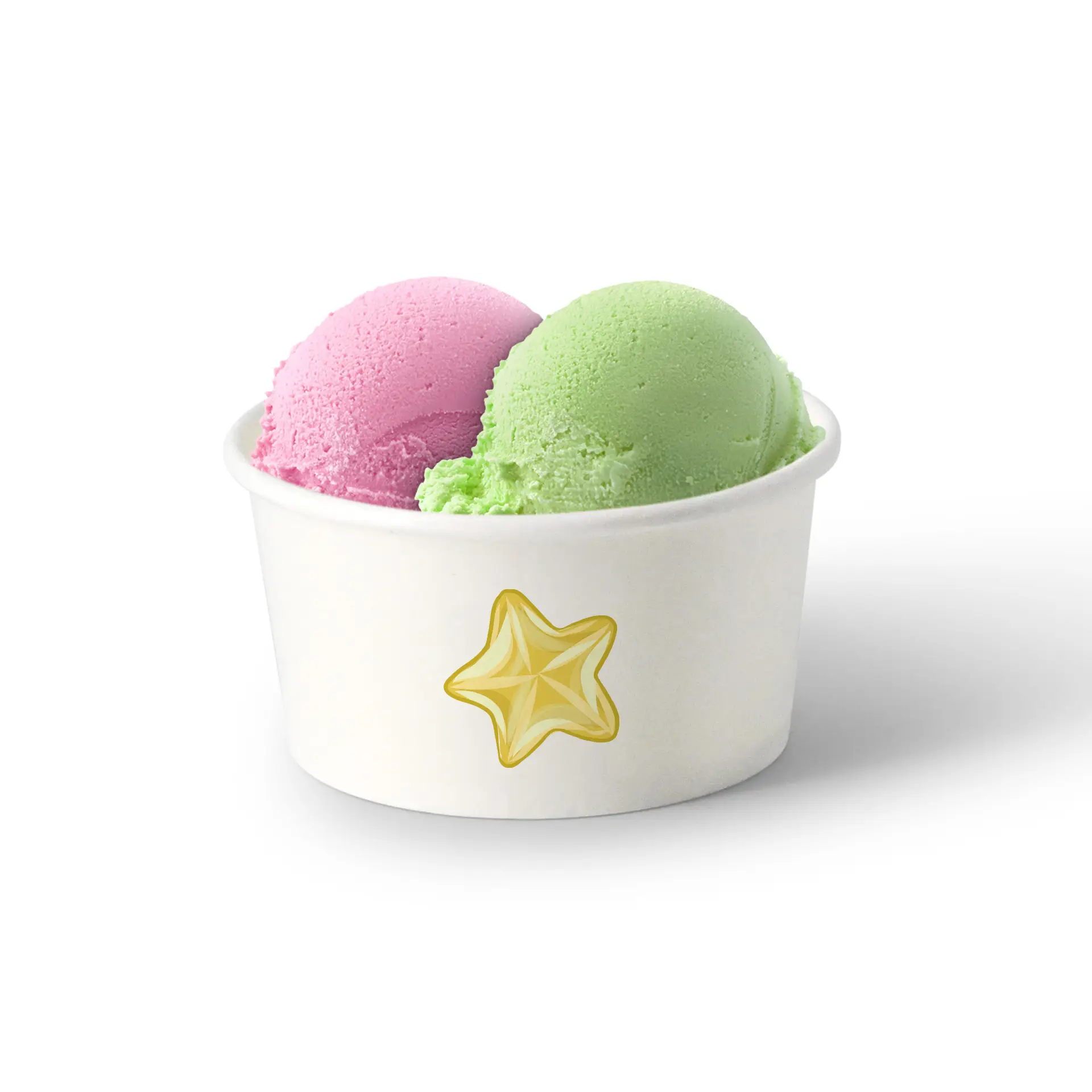 Zwei Kugeln Eiscreme, eine pinke und eine grüne, in einem weißen Becher mit einem Stern-Logo.