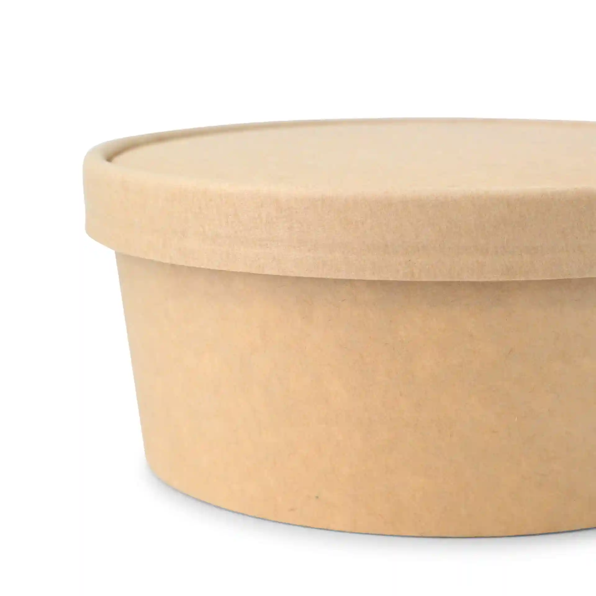 Contenitore rotondo in cartone marrone con coperchio, diametro di 150 mm e altezza di 17 mm.