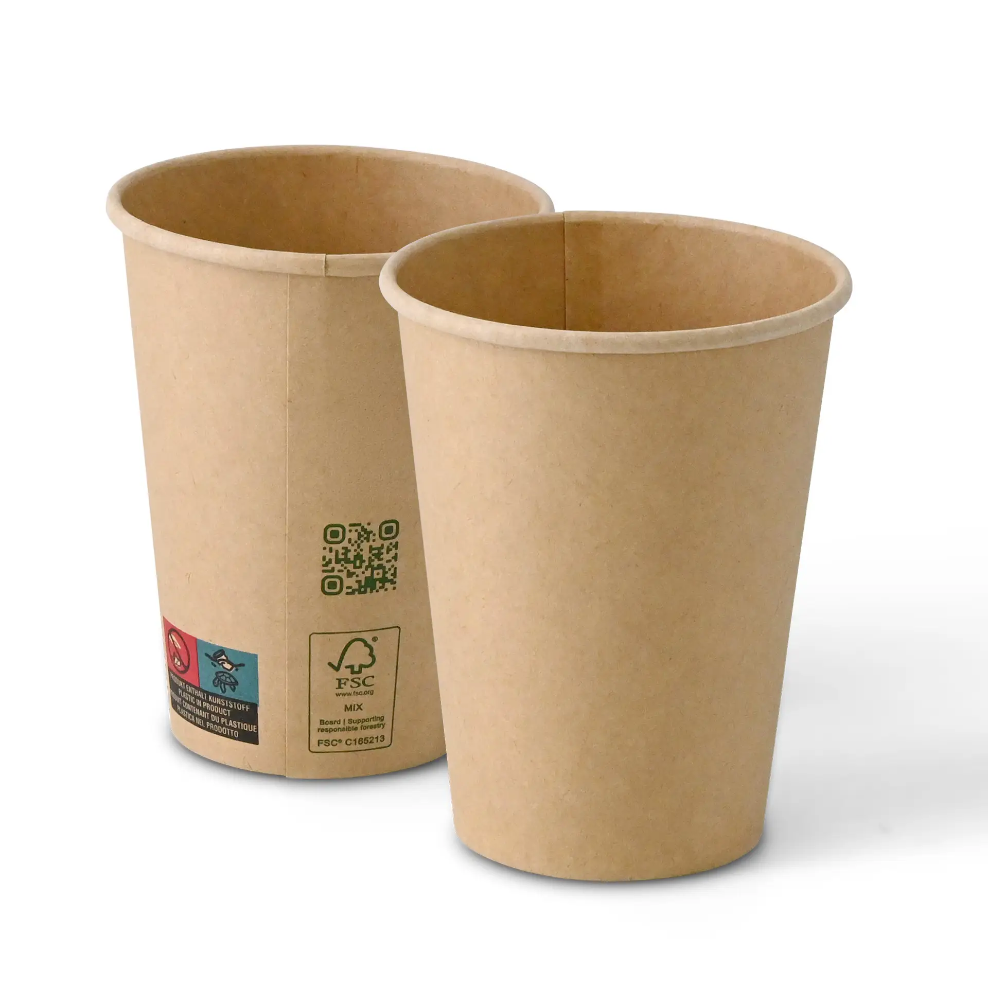 Bicchieri di carta marroni con parete singola, capacità di 300 ml e diametro di 90 mm, mostrati di lato.