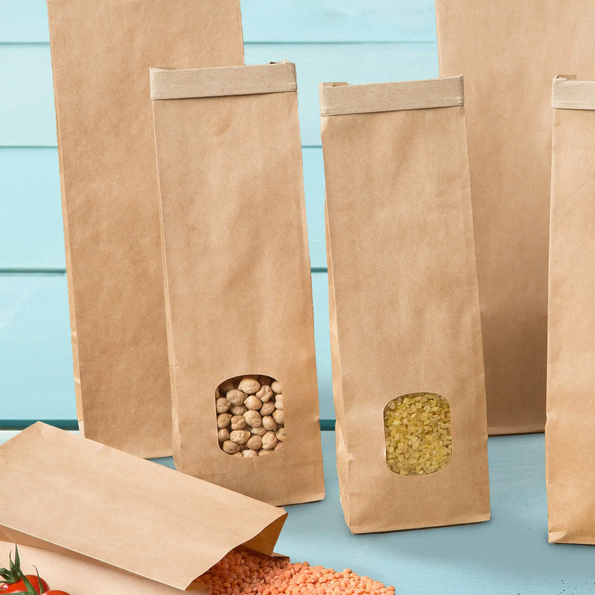 Sac SOS kraft brun XS, fenêtre PP et fermeture, 7,5 x 4,5 x 24 cm dre03990-blockbeutel-m-fenster-xs-75-x-45-x-24-cm-pp-folie-braun-clipband-kraftpapier-7