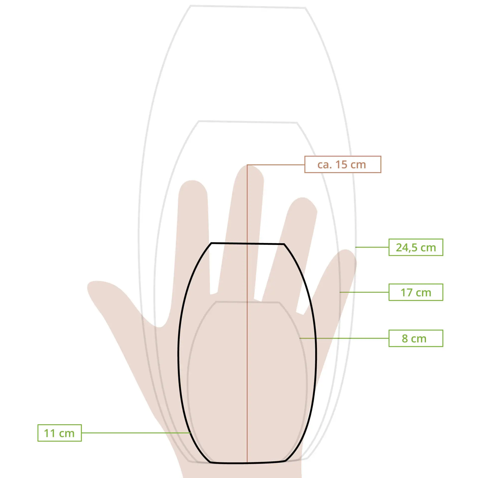 Schematische Zeichnung einer Bootform mit Maßlinien für Höhe, Länge und Breite.