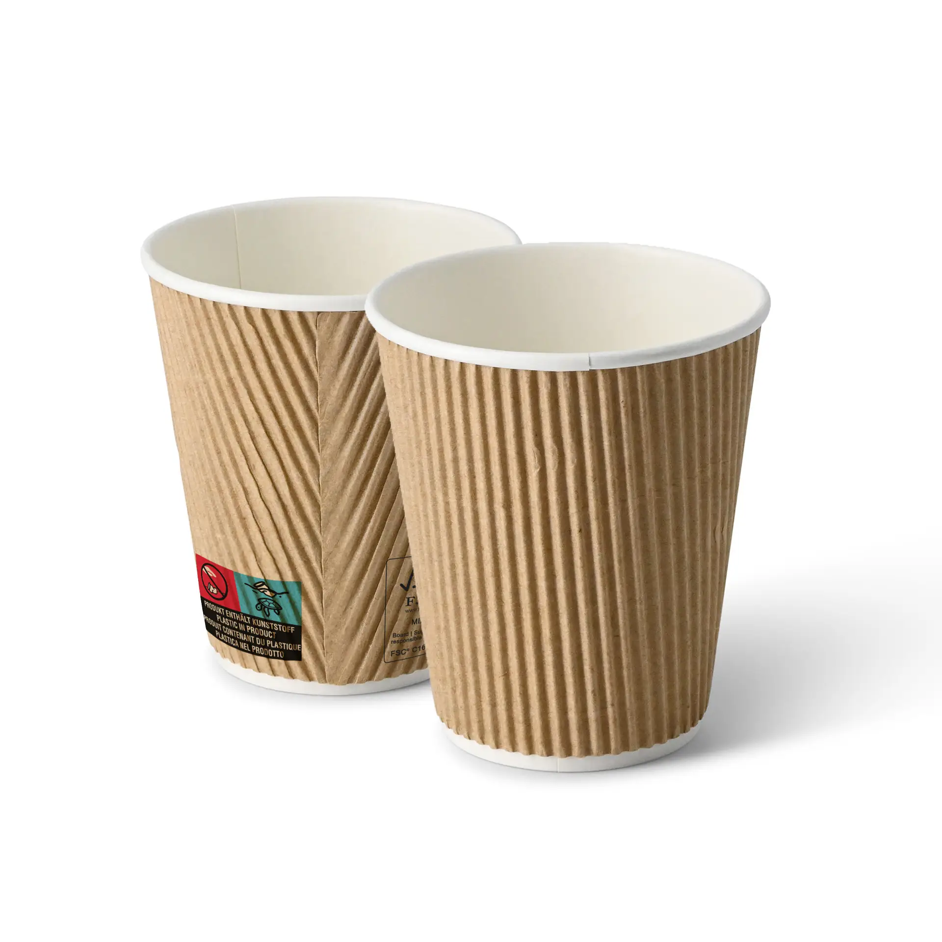 Un gobelet à café à emporter en marron avec un intérieur blanc ; un autre gobelet partiellement visible derrière.