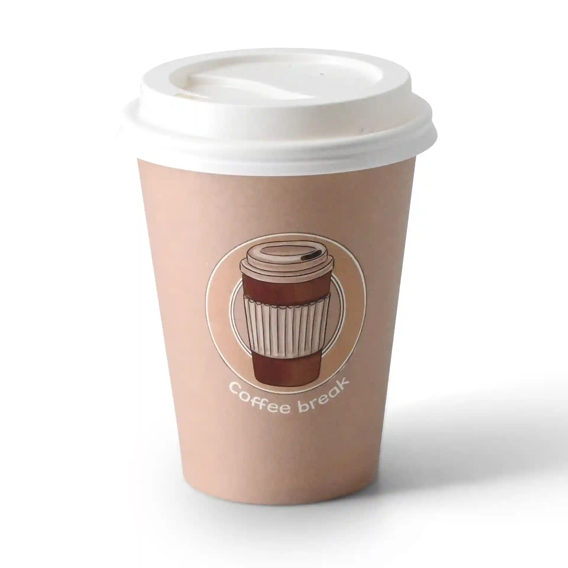 Bicchiere di carta marrone con coperchio bianco, con un design di tazza da caffè stampato e il testo "Pausa caffè."