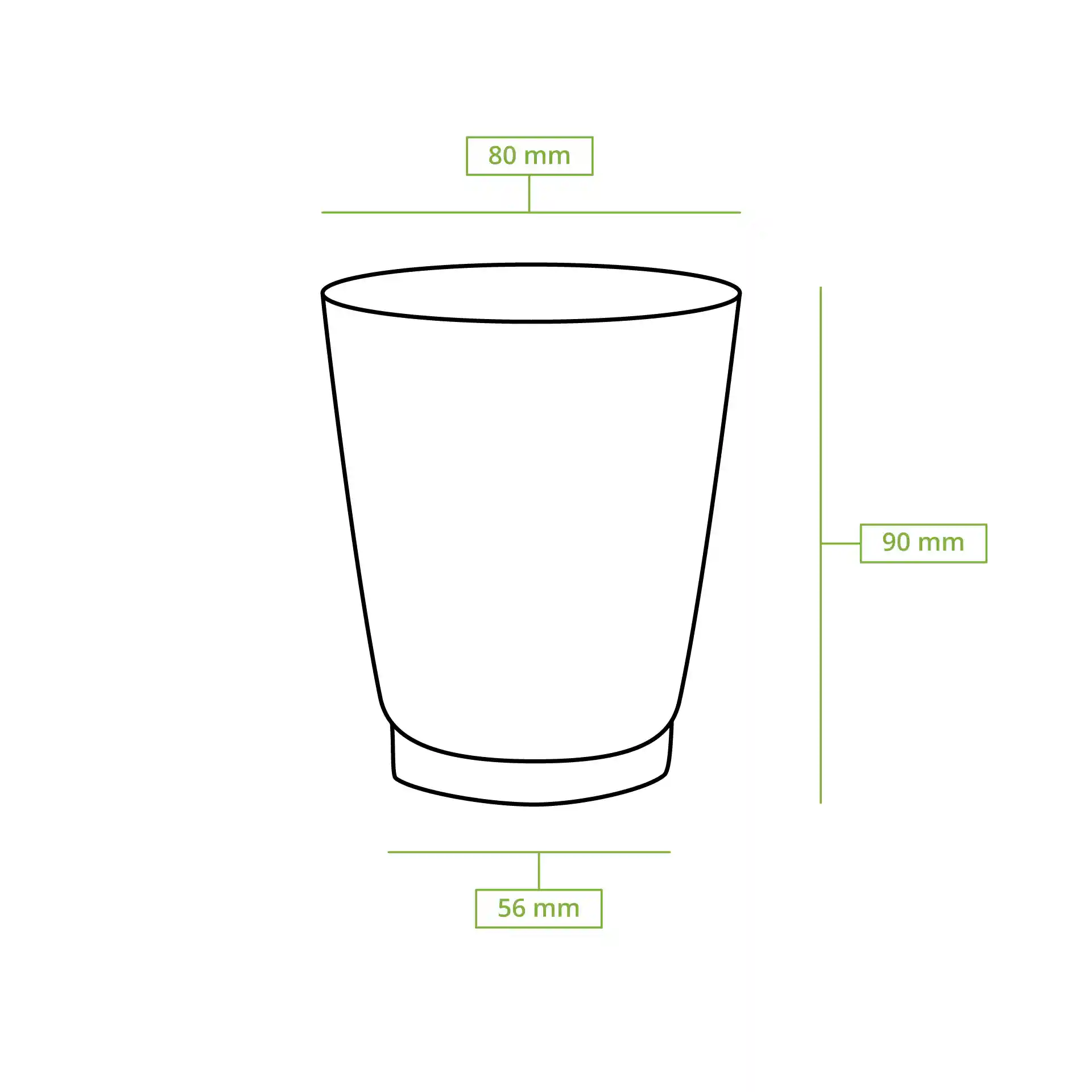 Disegno schematico di un bicchiere a doppia parete con dimensioni: 80 mm di diametro in alto, 90 mm di altezza, 56 mm di diametro in basso.