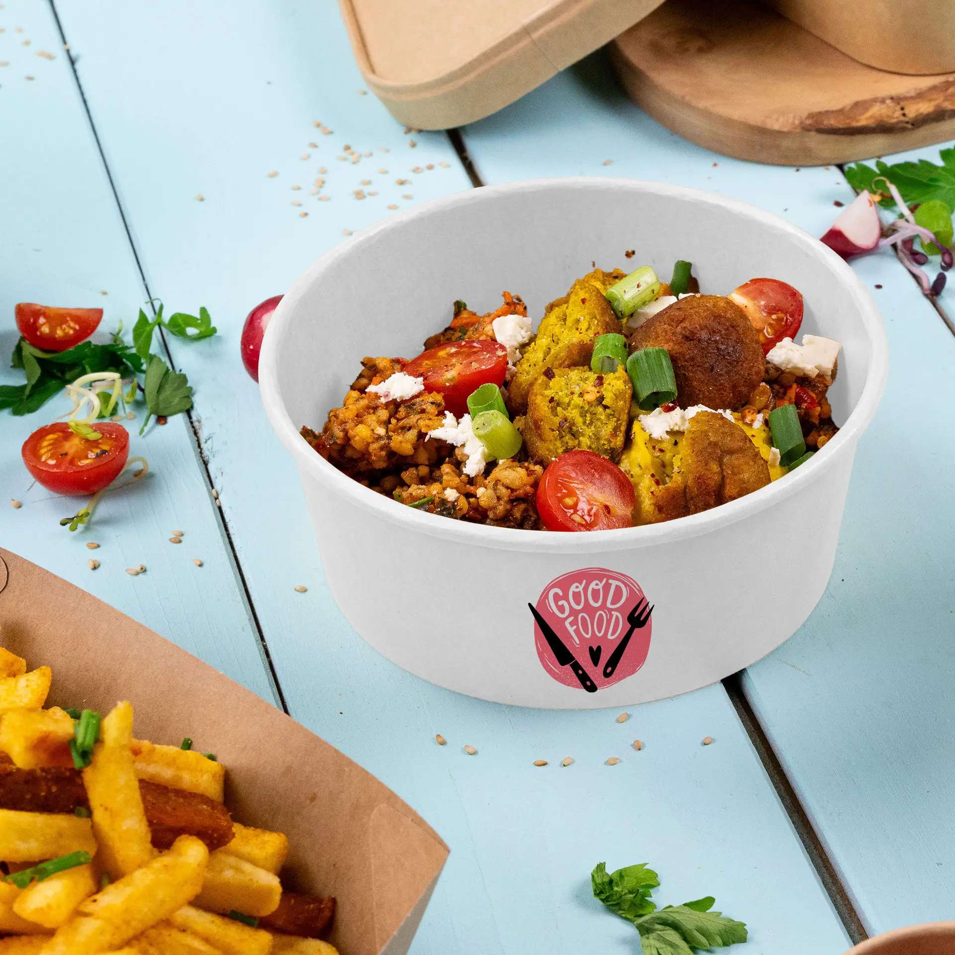 Bols à salade personnalisés / Bowls personnalisés, 650 ml, Ø 150 mm, blanc, avec revêtement PE