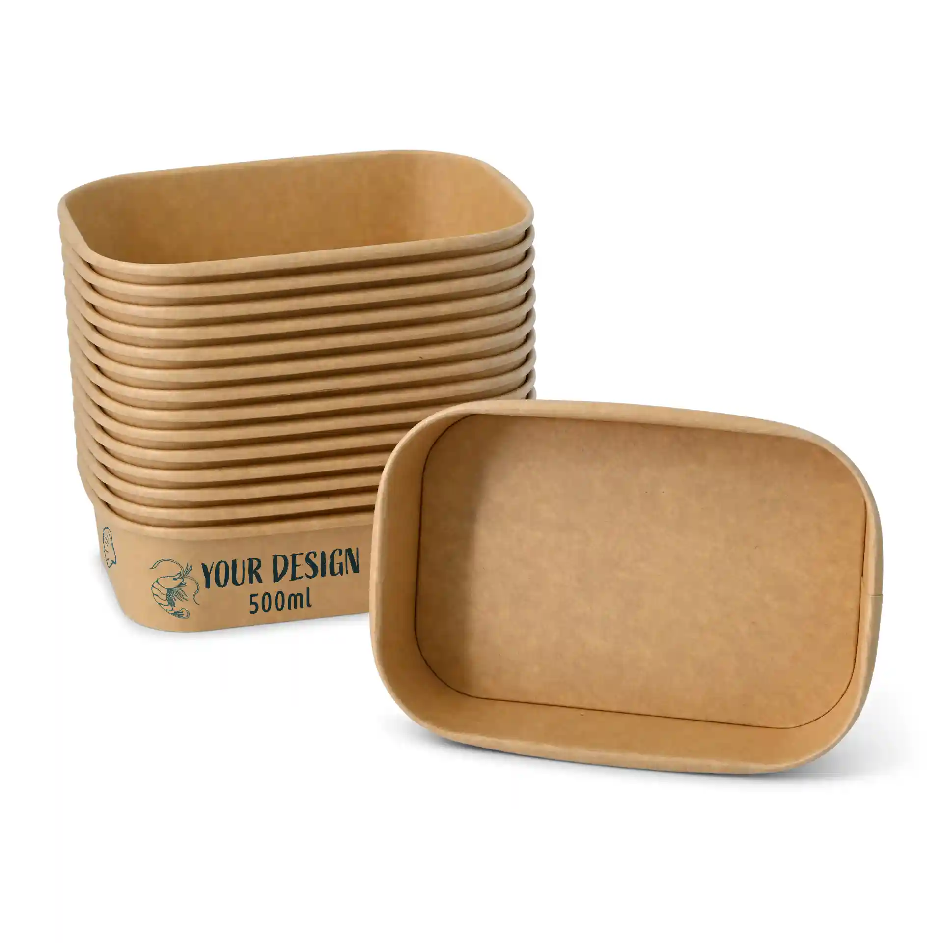 Saladier personnalisé (rectangulaire), 500 ml / 20 oz, brun, avec revêtement PLA