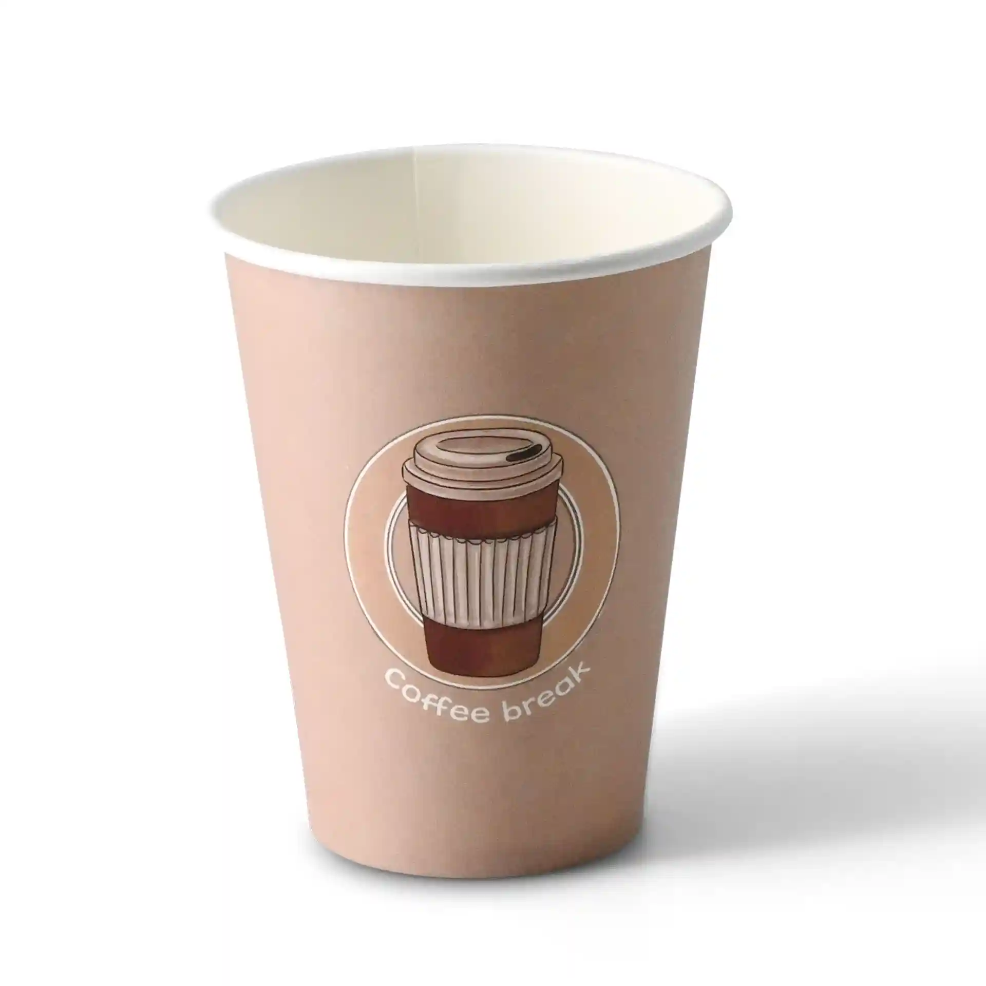 Bicchiere di carta marrone con un design di tazza da caffè stampato e il testo "pausa caffè", in cartone.