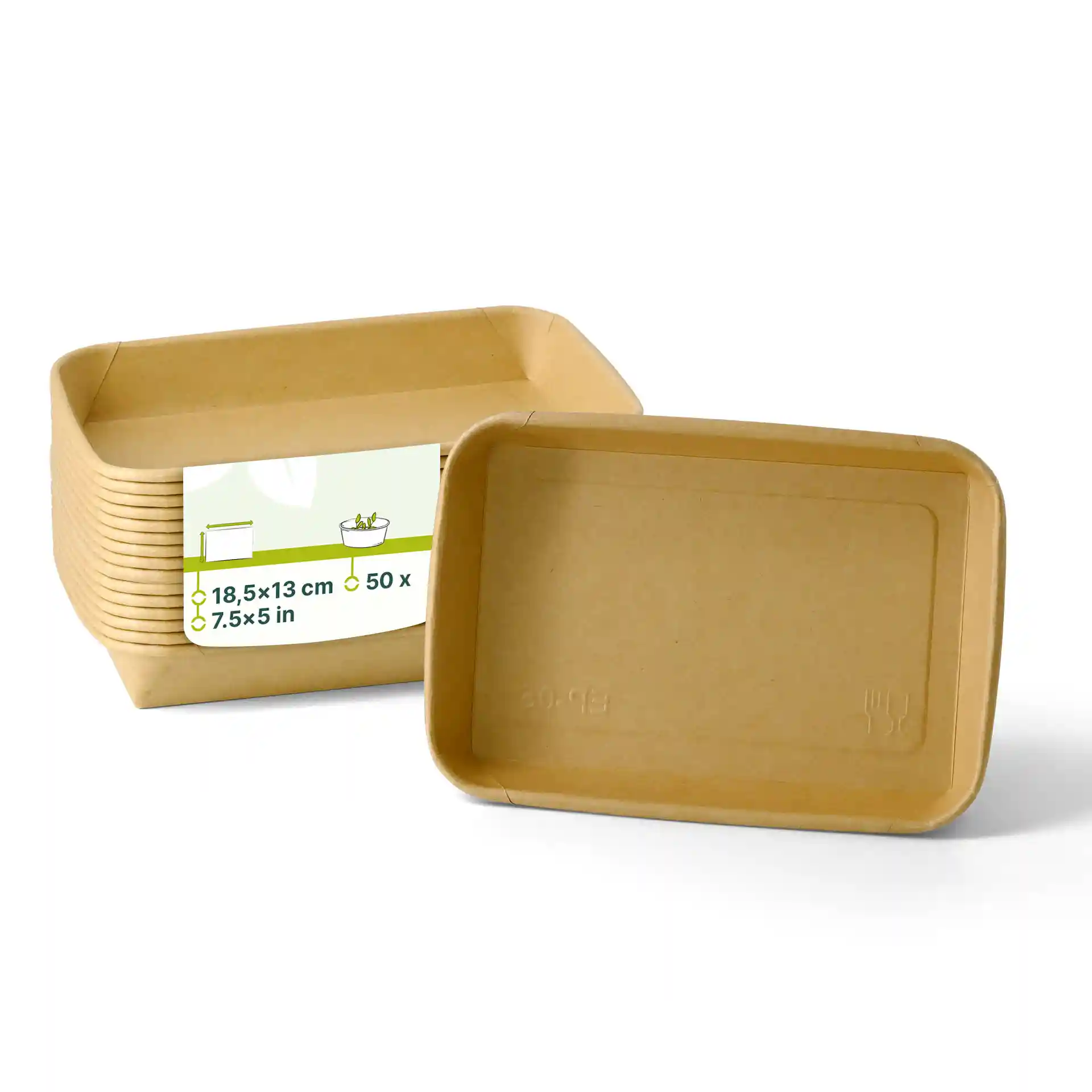 Scatole di sushi marroni con dimensioni 18,5 x 13 x 2,5 cm, impilate con una scatola davanti.