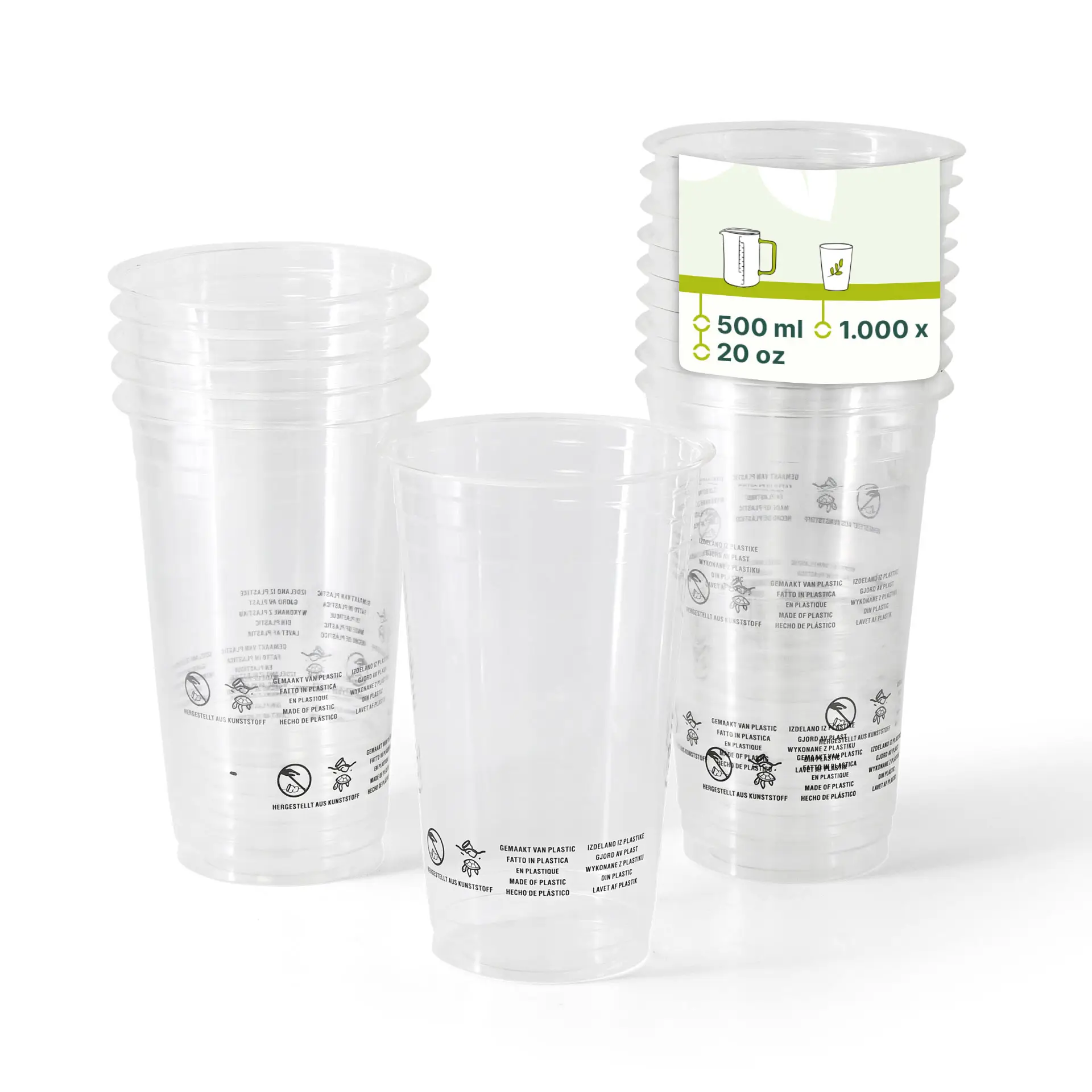 Stapel transparenter Einwegbecher, mehrere sichtbar; jeder Becher fasst 500 ml für kalte Getränke.